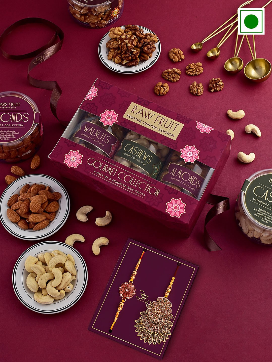 

RawFruit Set Of 2 Bhai Bhabhi Rakhi With Dryfruits & Nuts Gift Set, Red
