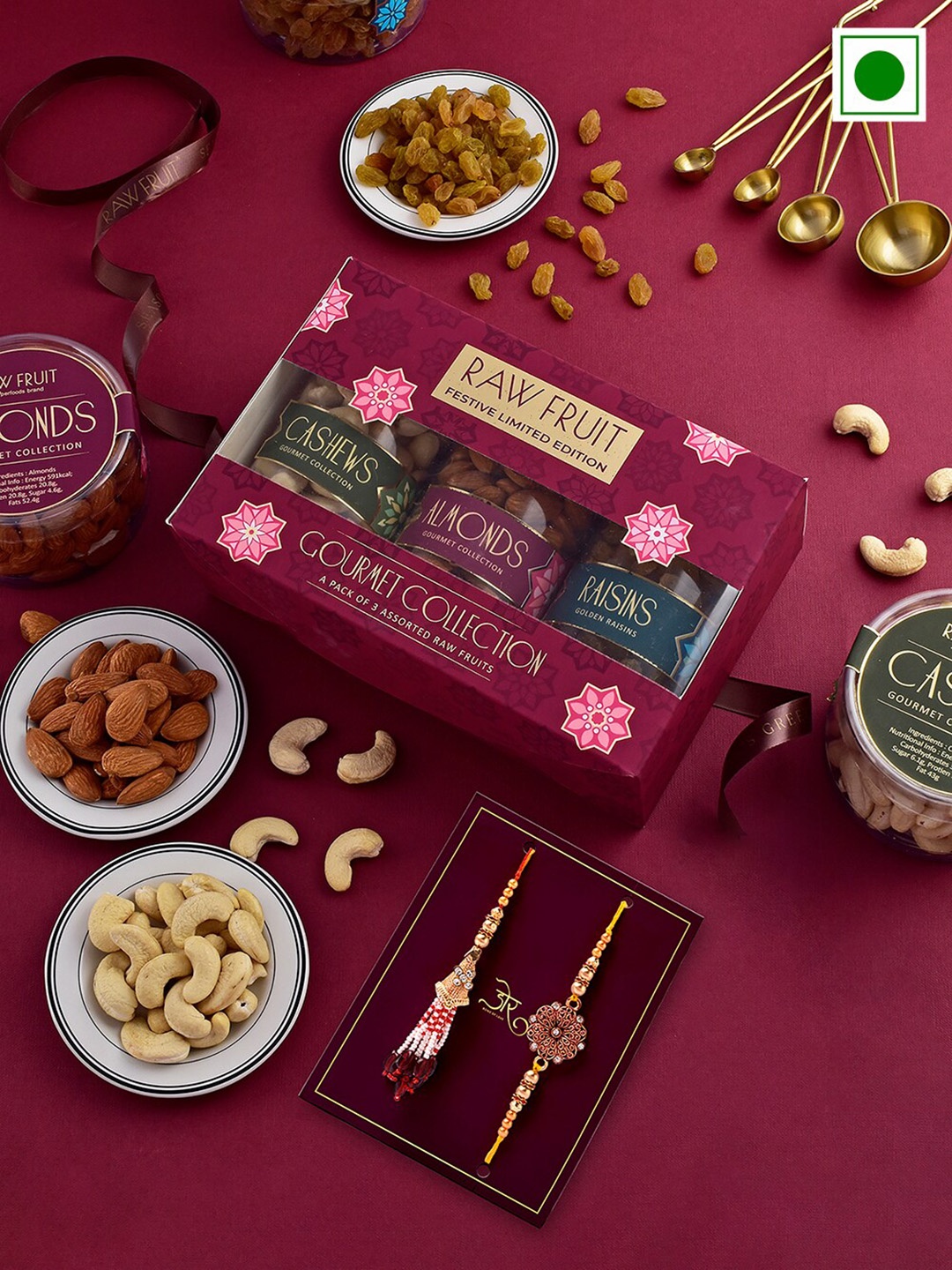 

RawFruit Set Of 6 Nutty Fusion Dry Fruits & Bhai Bhabhi Rakhi Gift Pack-220g Each, Gold