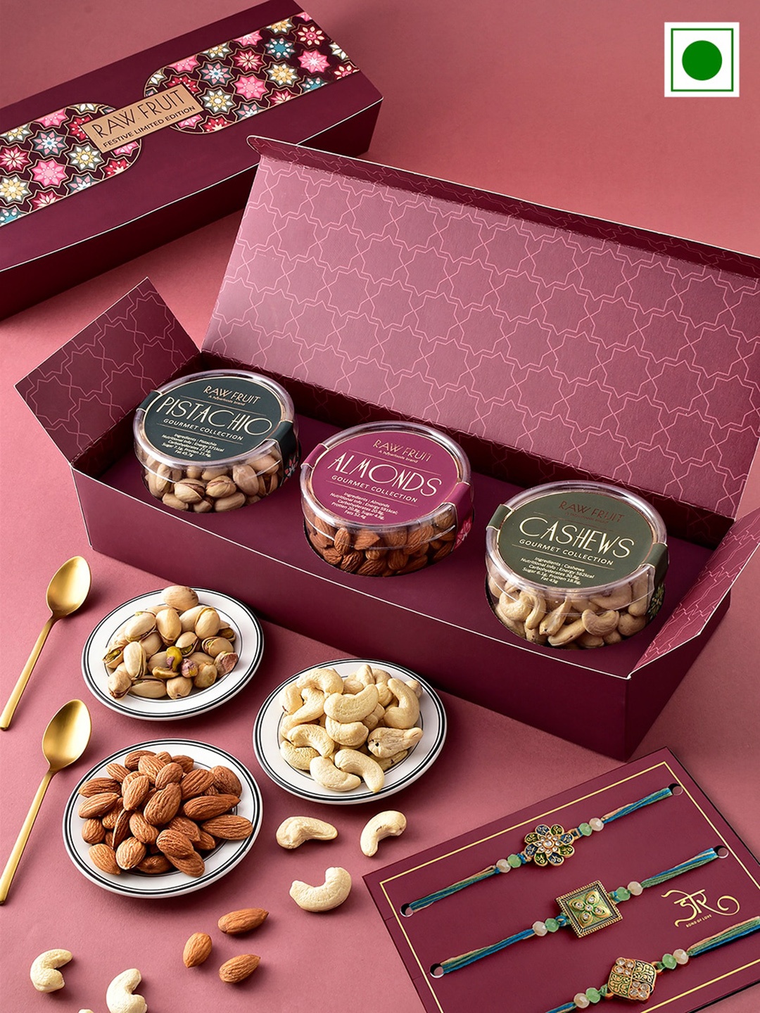 

RawFruit Set Of 3 kundan studded Rakhi With Dryfruits Gift Set, Purple