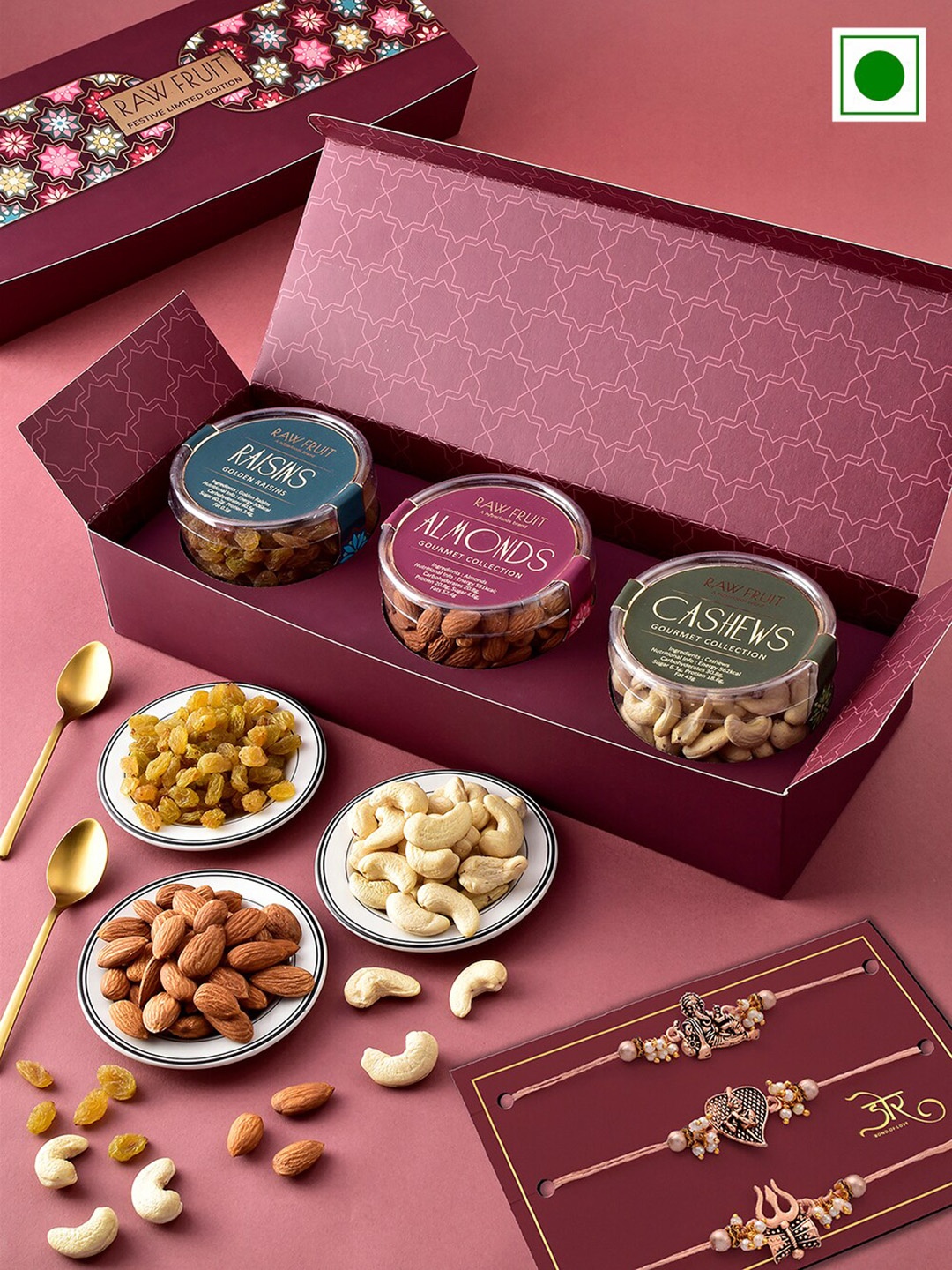 

RawFruit Set Of 3 Rakhis With Roli Chawal & Dryfruits Gift Set, Rose gold