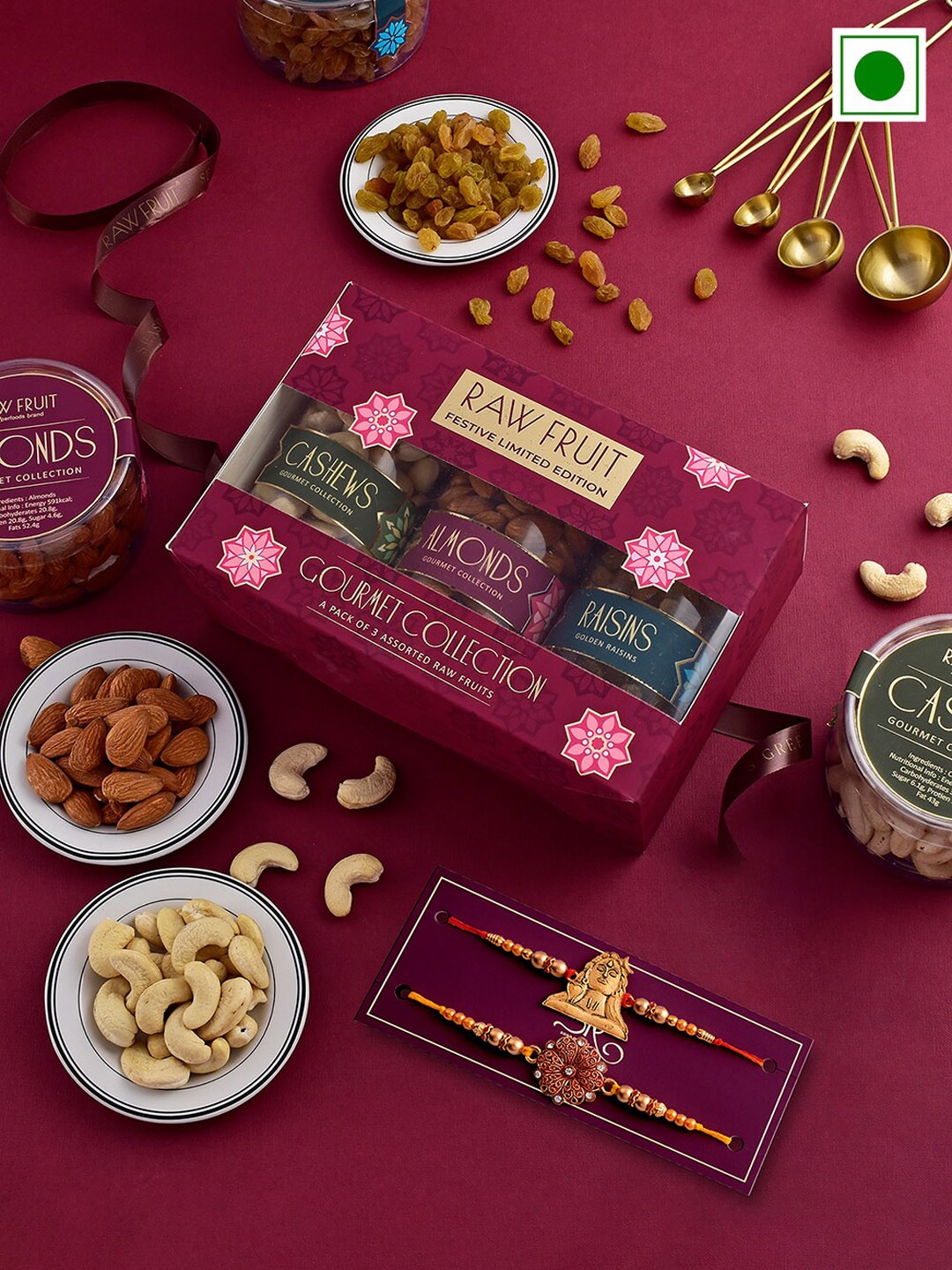 

RawFruit Set Of 6 Dry Fruits & Rakhi Gift Pack-220gm Each, Gold