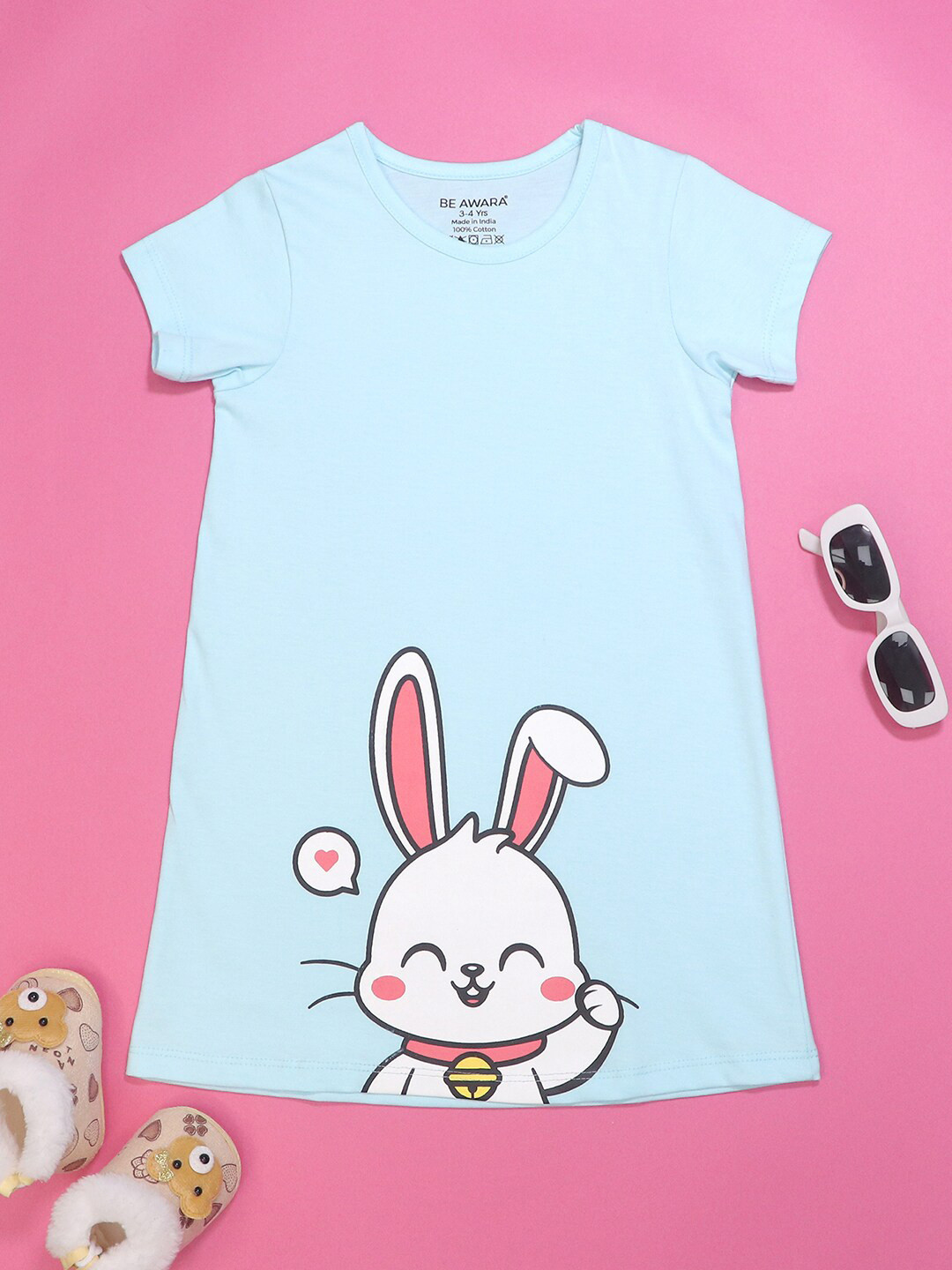 

BE AWARA Girls Blue Bunny Printed Cotton T-shirt