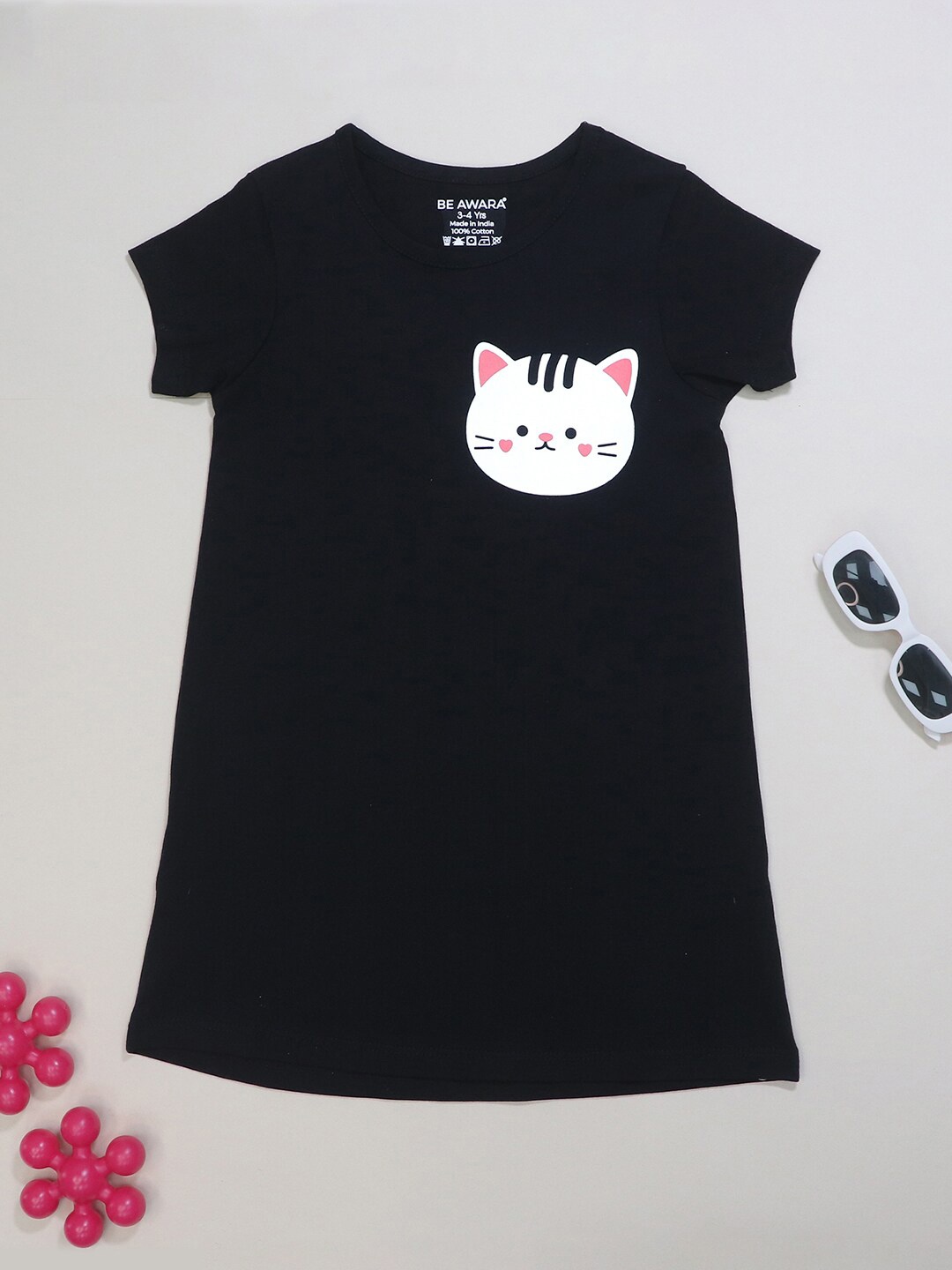 BE AWARA Girls Typography Printed Cotton T-shirt, Black