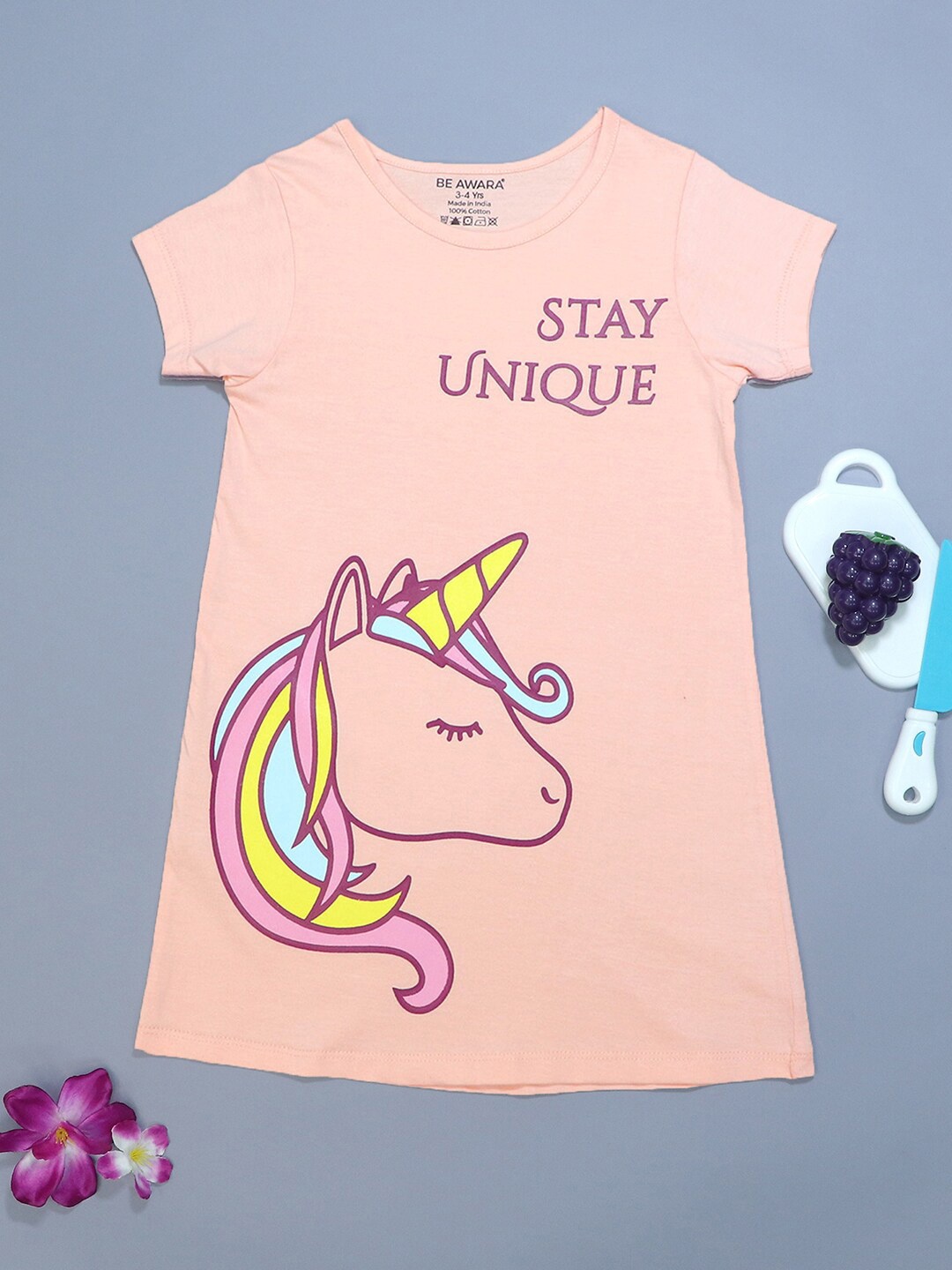 

BE AWARA Girls Unicorn Printed Cotton T-shirt, Peach