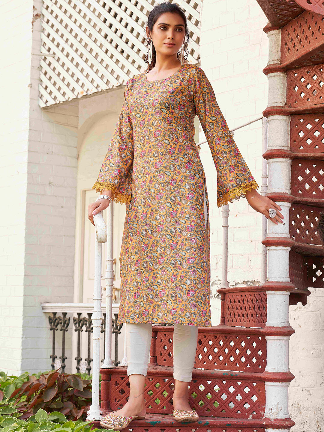 

Tikhi Imli Mustard Yellow Floral Printed Cotton Straight Kurta