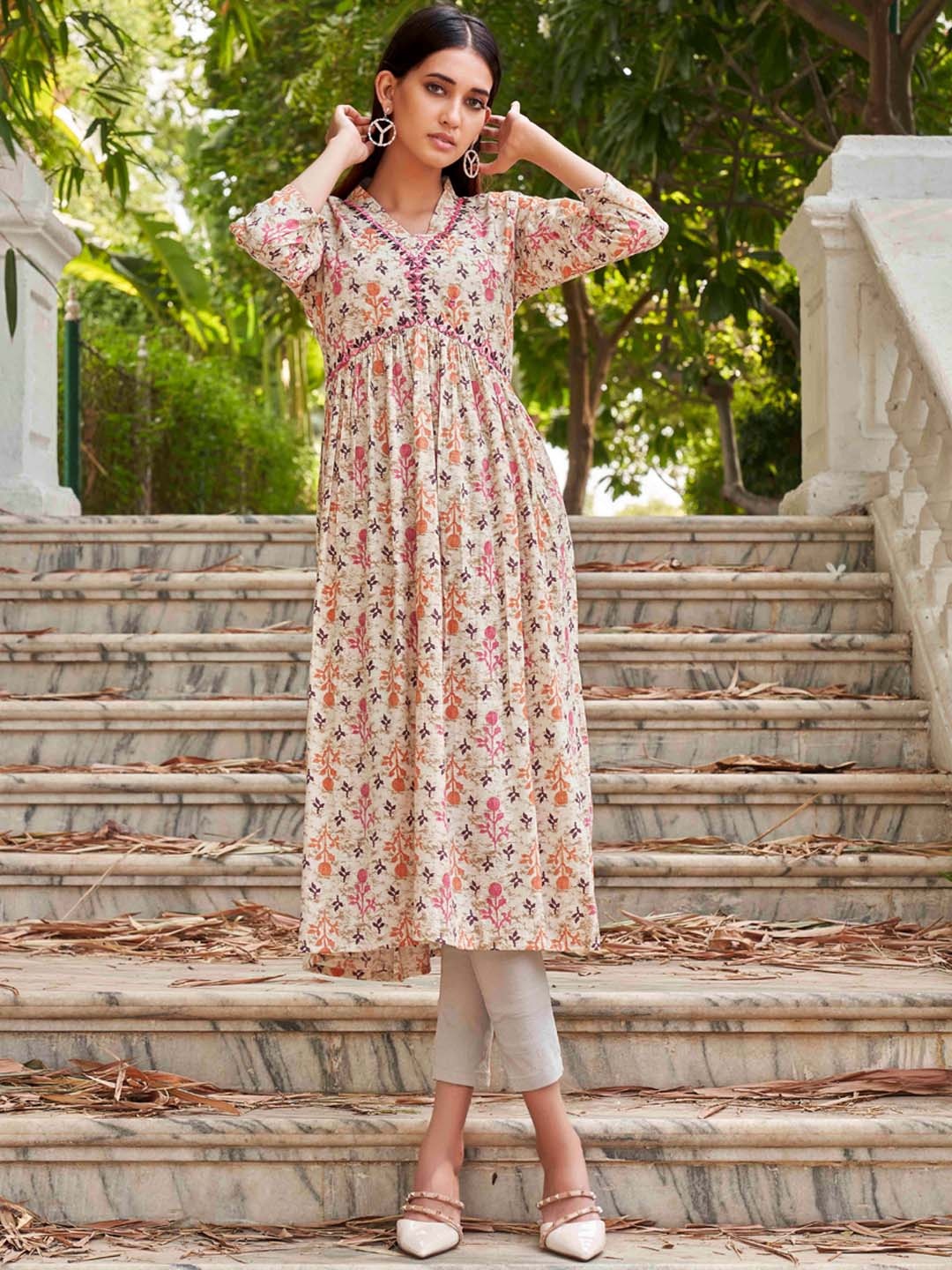 

Tikhi Imli Cream Floral Printed Mirror Work A-Line Kurta