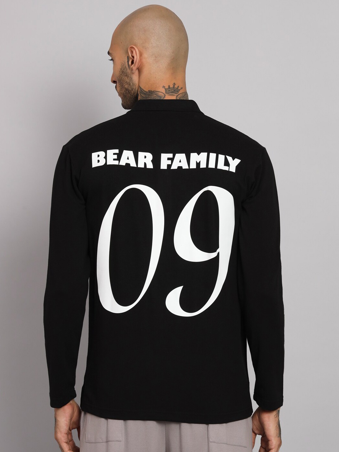 GRIFFEL Typography Printed Polo Collar Cotton T-Shirt, Black