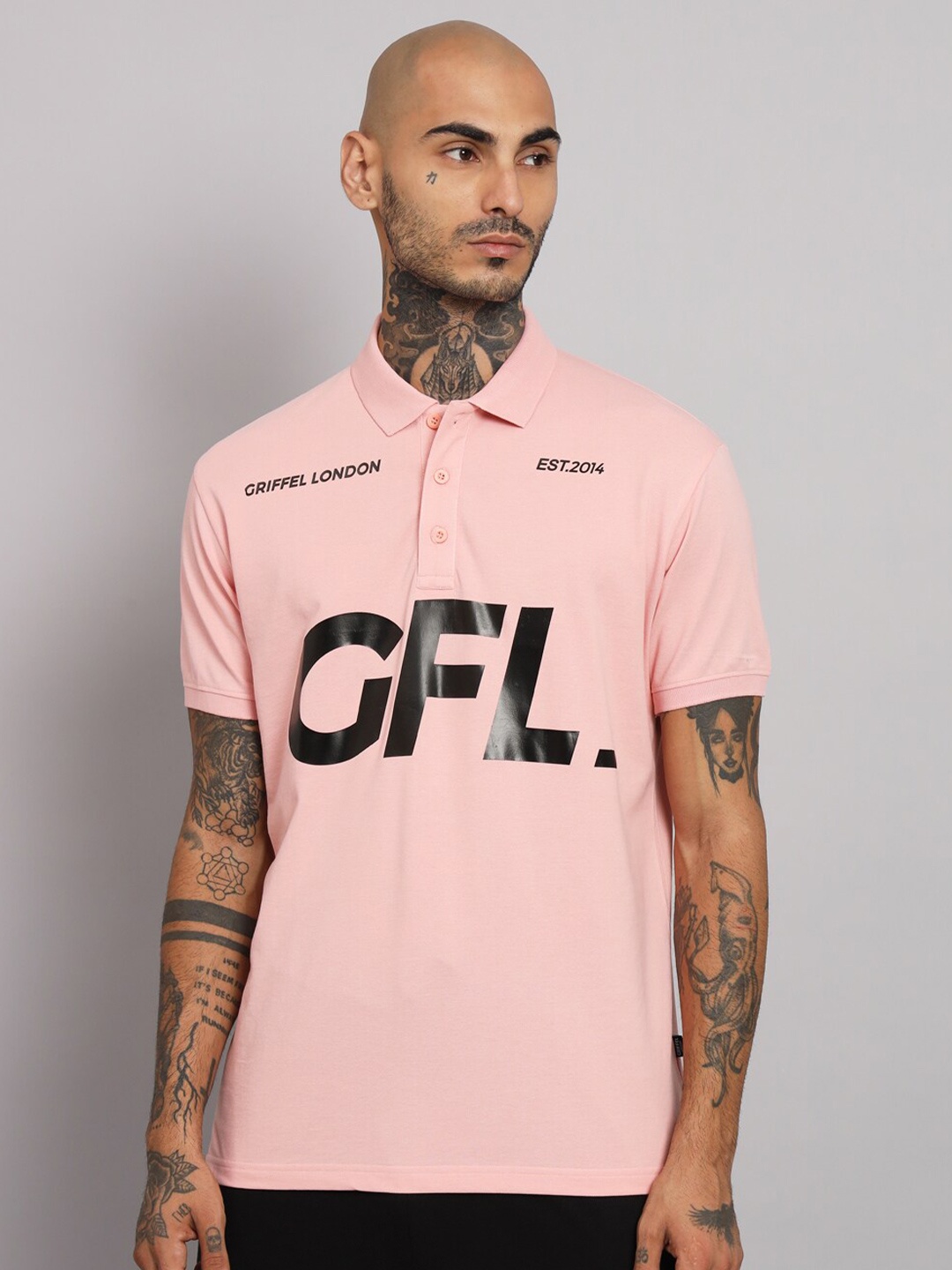 

GRIFFEL Typography Printed Polo Collar Cotton T-Shirt, Peach