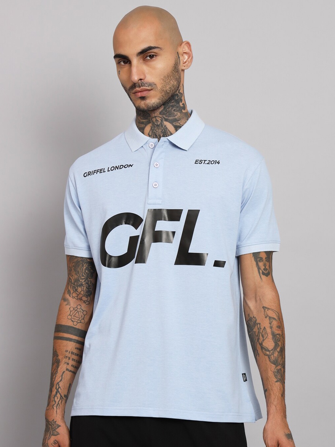 

GRIFFEL Typography Printed Polo Collar Cotton T-shirt, Blue