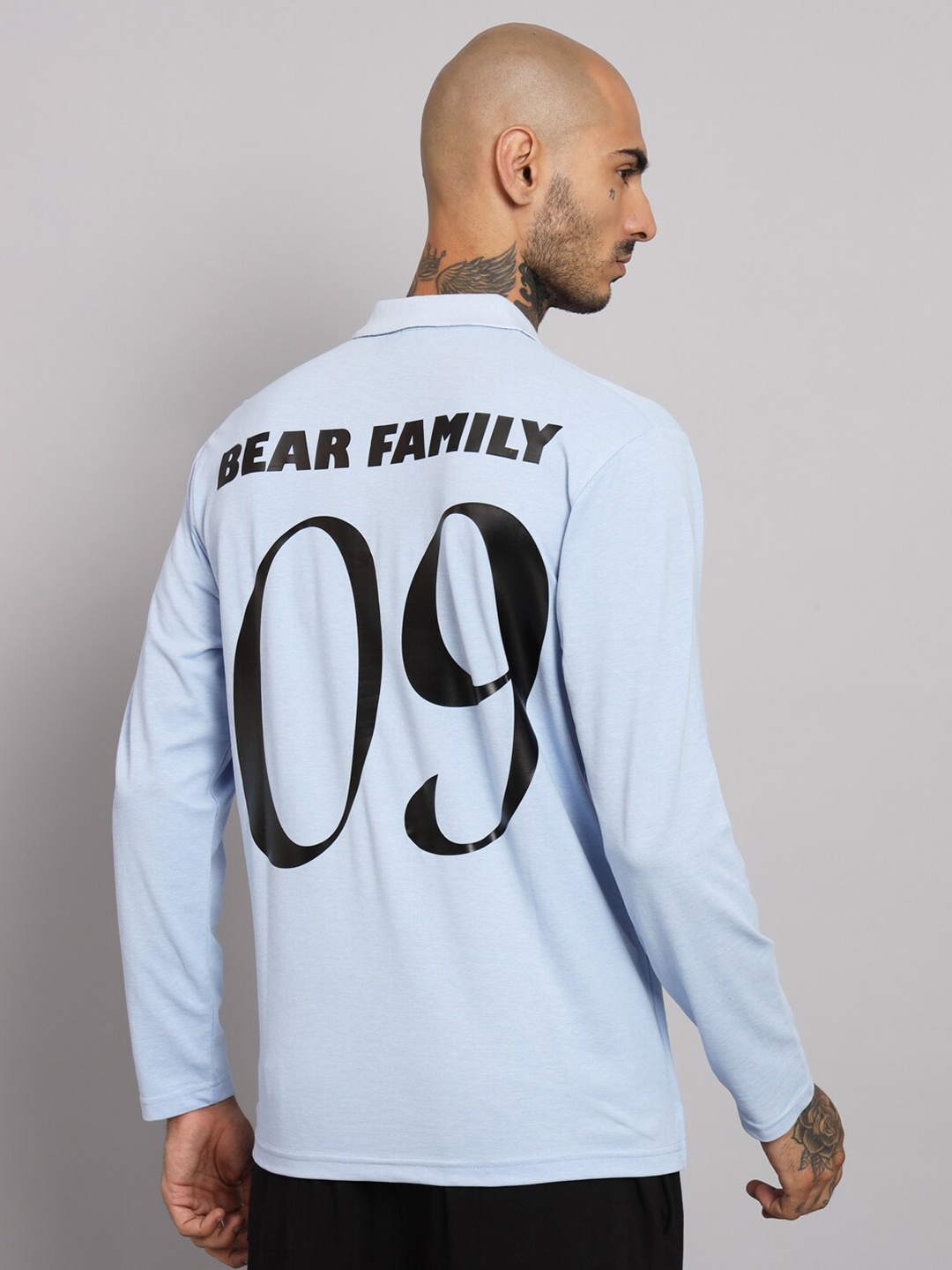 GRIFFEL Typography Printed Polo Collar Cotton T-shirt, Blue