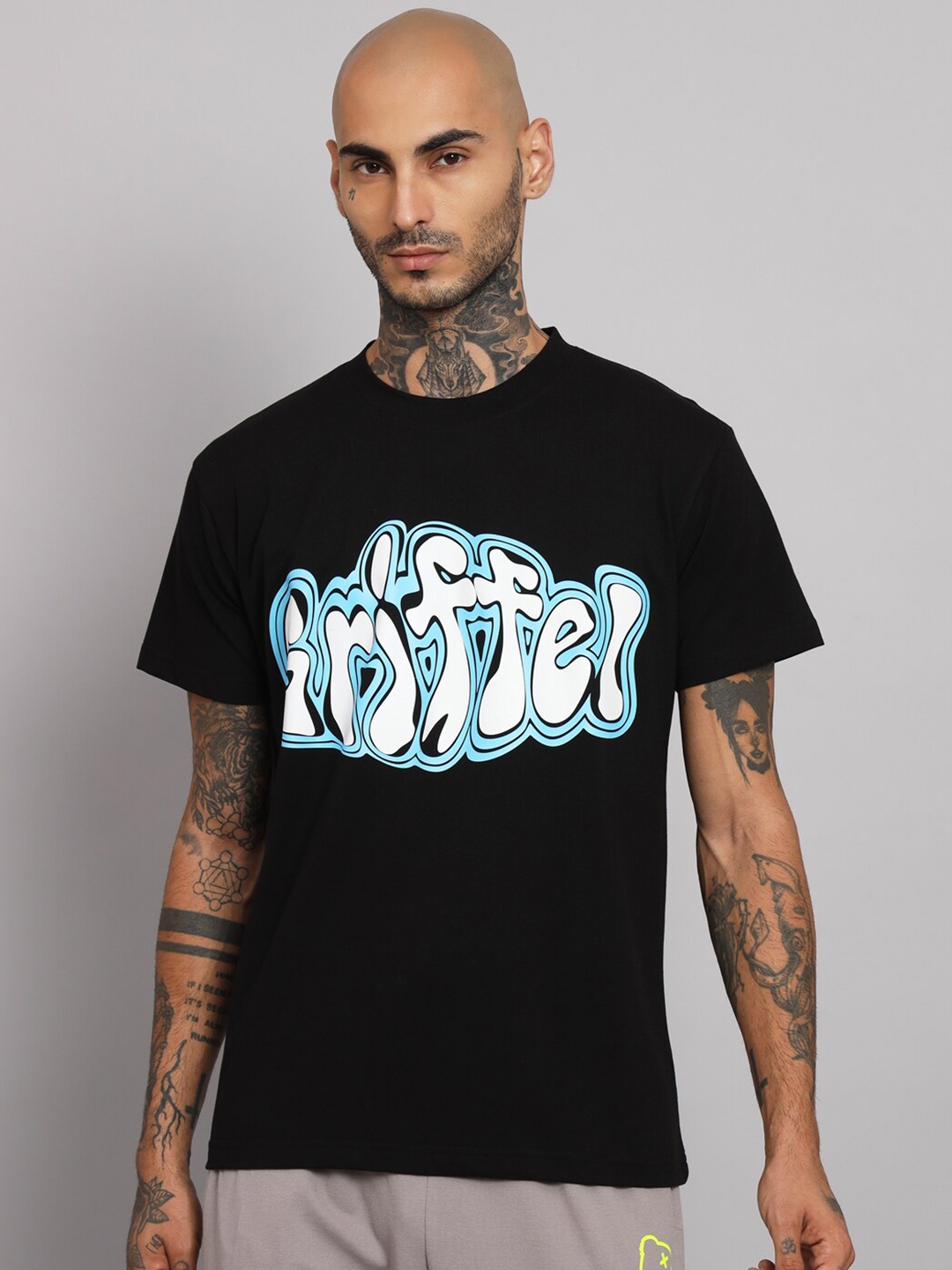 

GRIFFEL Typography Printed Round Neck Cotton T-shirt, Black