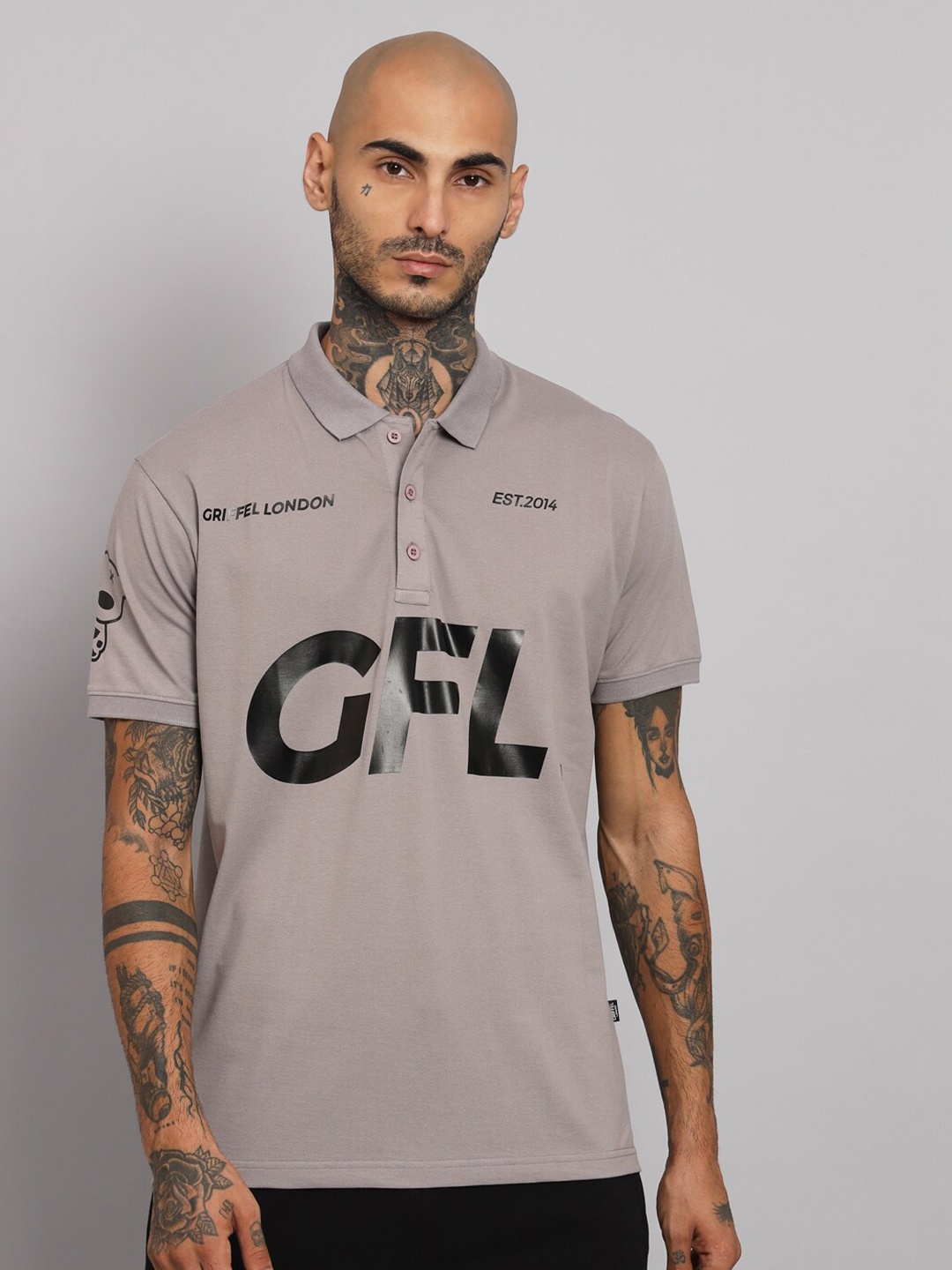 

GRIFFEL Typography Printed Polo Collar Cotton T-shirt, Grey