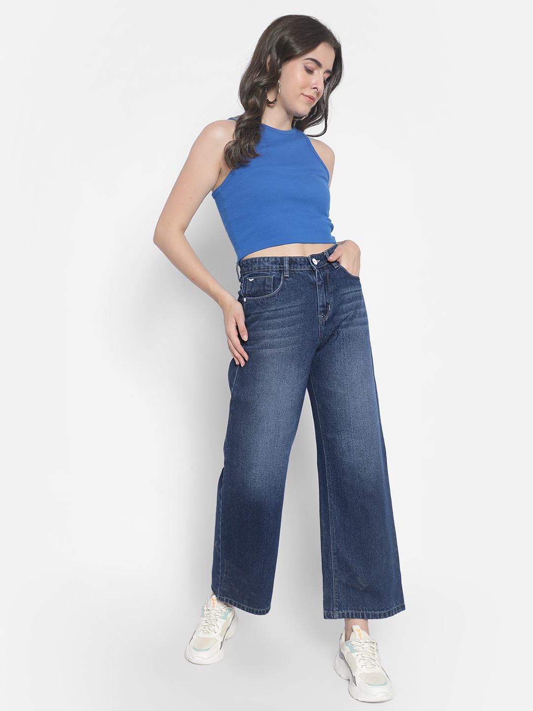 

Crimsoune Club Women Wide Leg Clean Look Light Fade Whiskers Stretchable Jeans, Blue