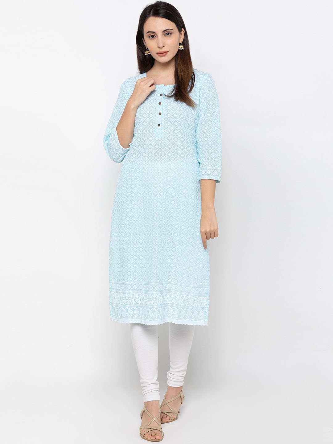 

ZOLA Ethnic Motifs Chikankari Embroidered Cotton Straight Kurta, Blue