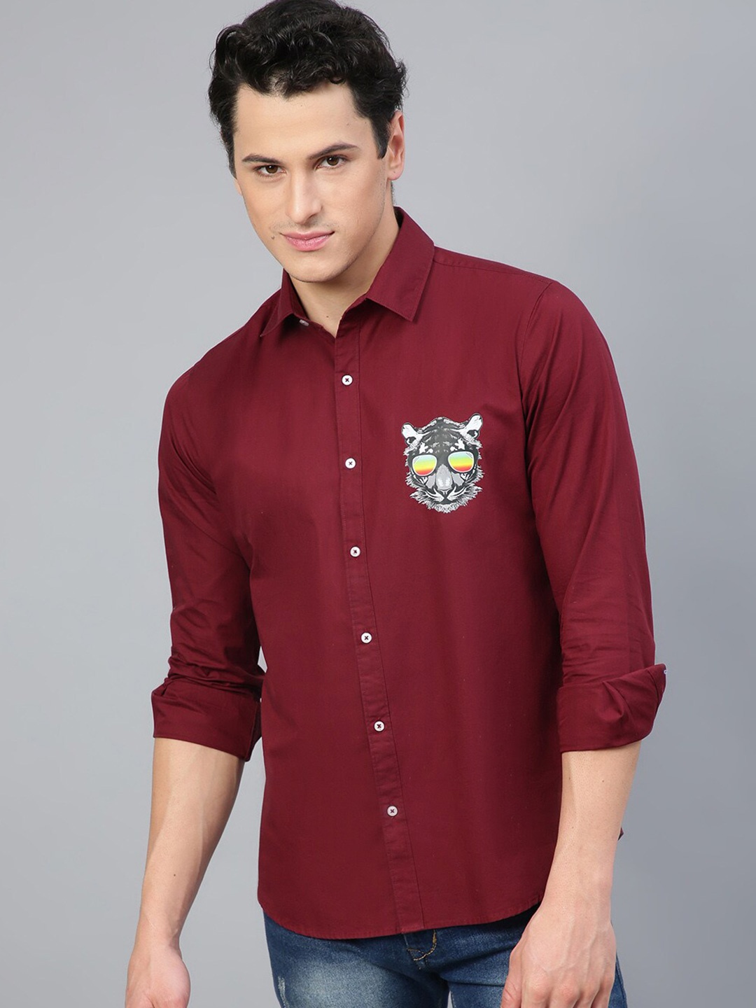 

FTX Standard Spread Collar Graphic Printed Opaque Cotton Casual Shirt, Maroon