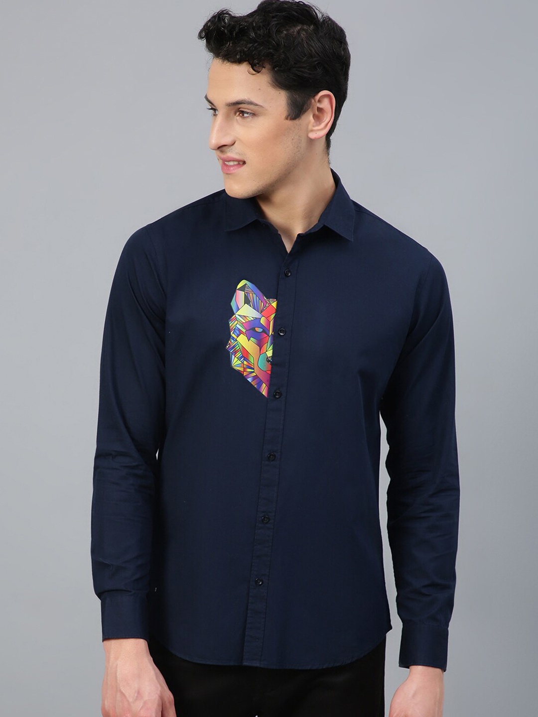 

FTX Standard Spread Collar Graphic Printed Opaque Cotton Casual Shirt, Navy blue