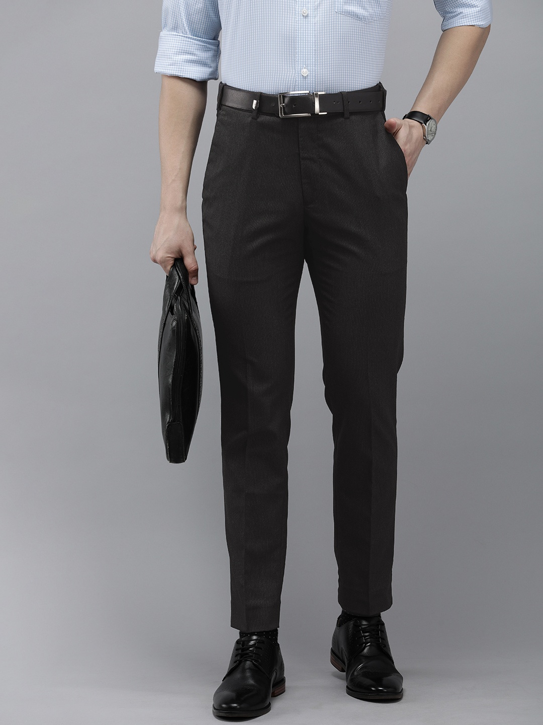 

Park Avenue Men Mid-Rise Self Design Formal Trousers, Black