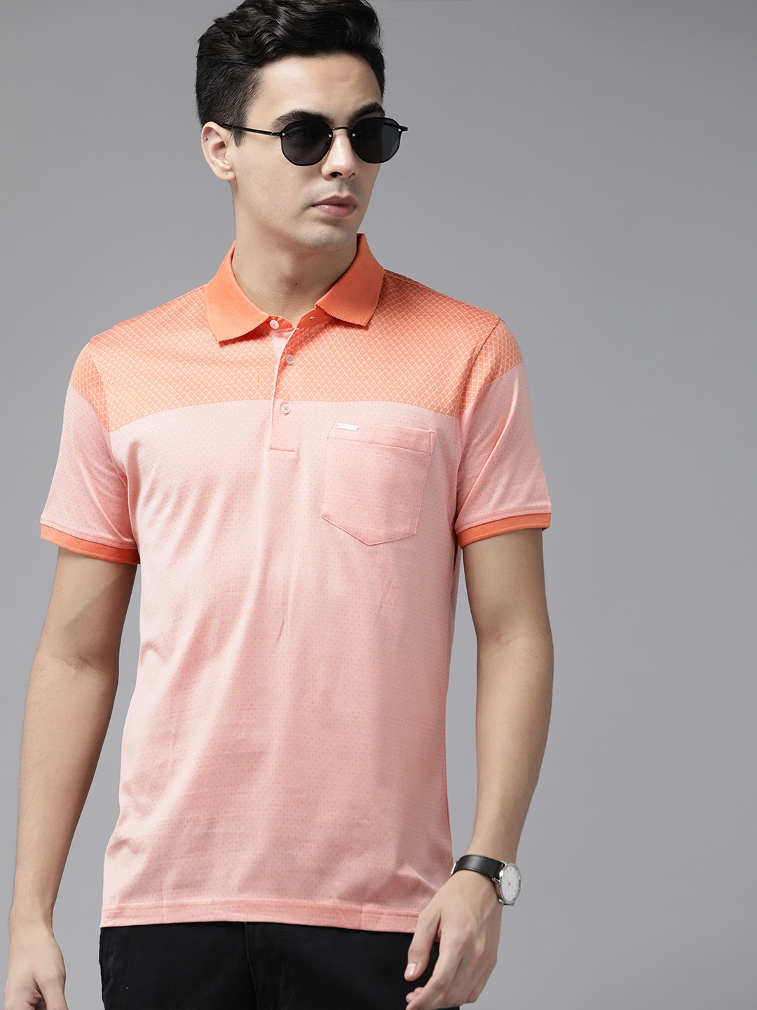 

Park Avenue Colourblocked Polo Collar Pure Cotton Slim Fit T-shirt, Peach