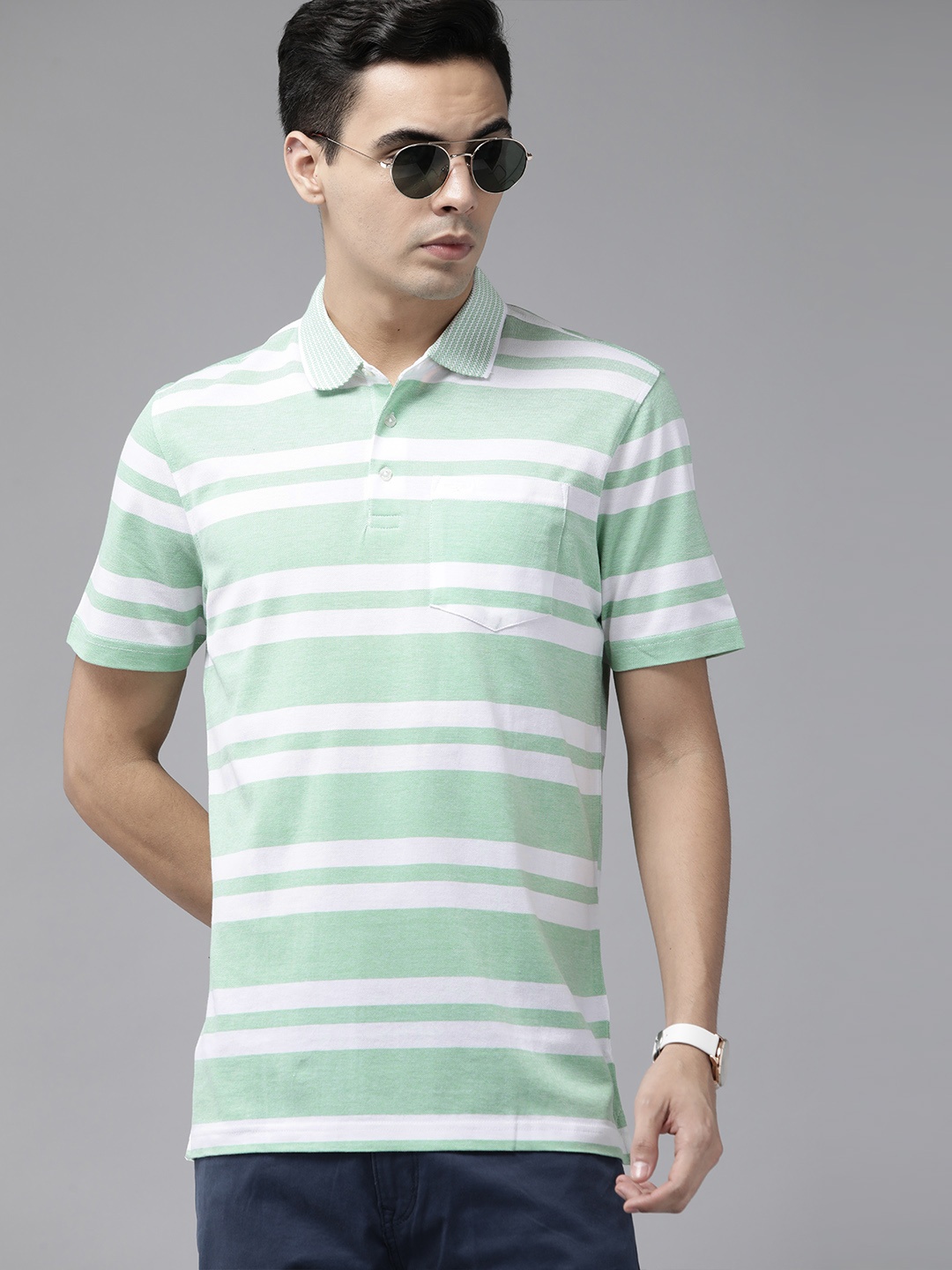 

Park Avenue Striped Polo Collar Pure Cotton Slim Fit T-shirt, Green