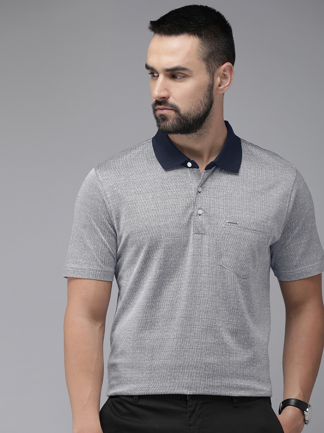 

Park Avenue Pure Cotton Self Design Polo Collar Pocket Slim Fit T-shirt, Navy blue