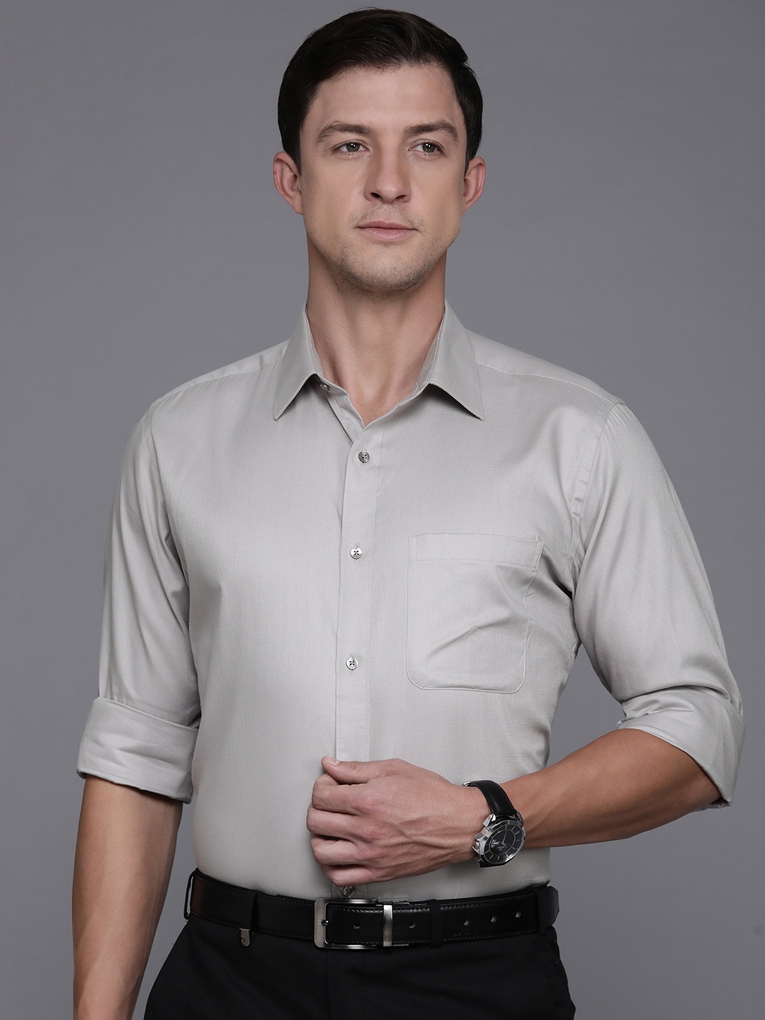 

Raymond Pure Cotton Self Design Slim Fit Textured Formal Shirt, Grey