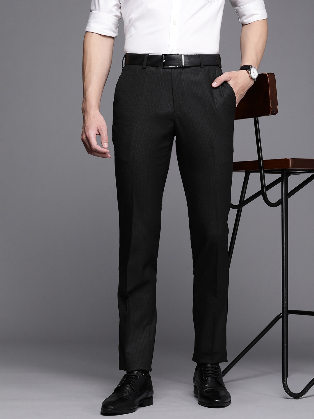 

Raymond Men Checked Slim Fit Formal Trousers, Black