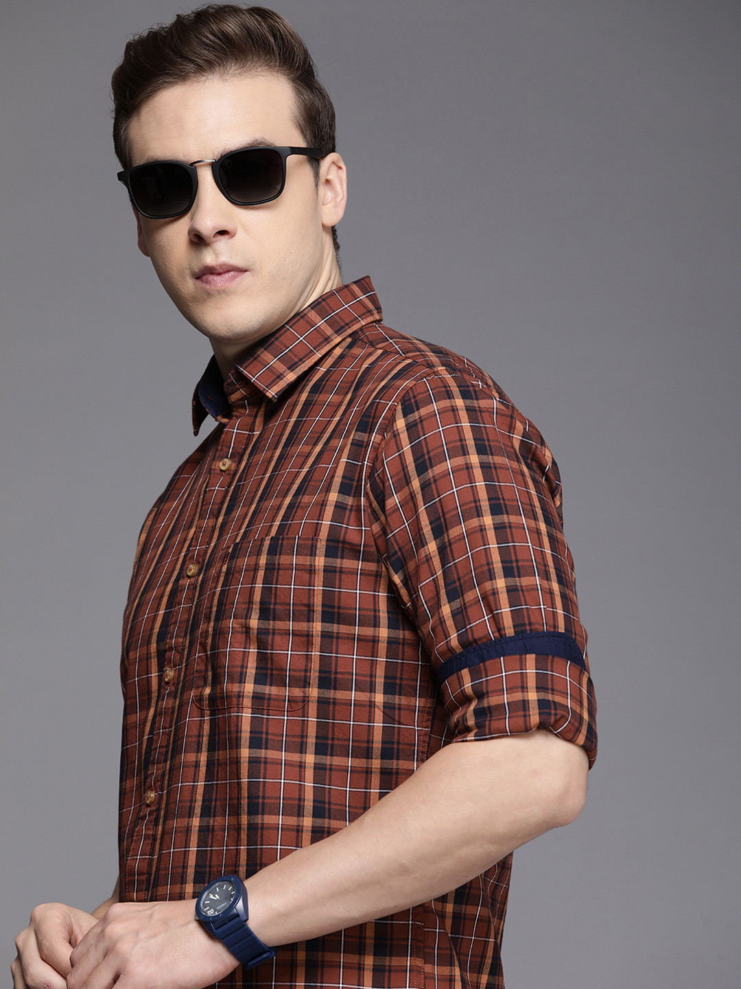

Raymond Slim Fit Checked Pure Cotton Casual Shirt, Brown