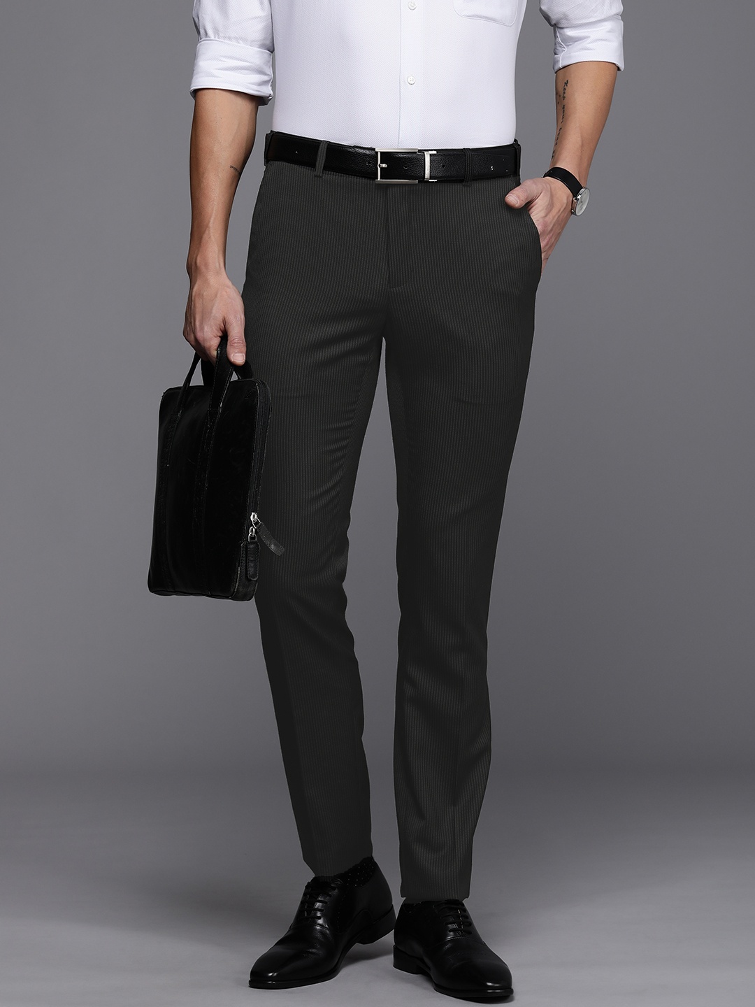 

Raymond Men Striped Slim Fit Formal Trousers, Black