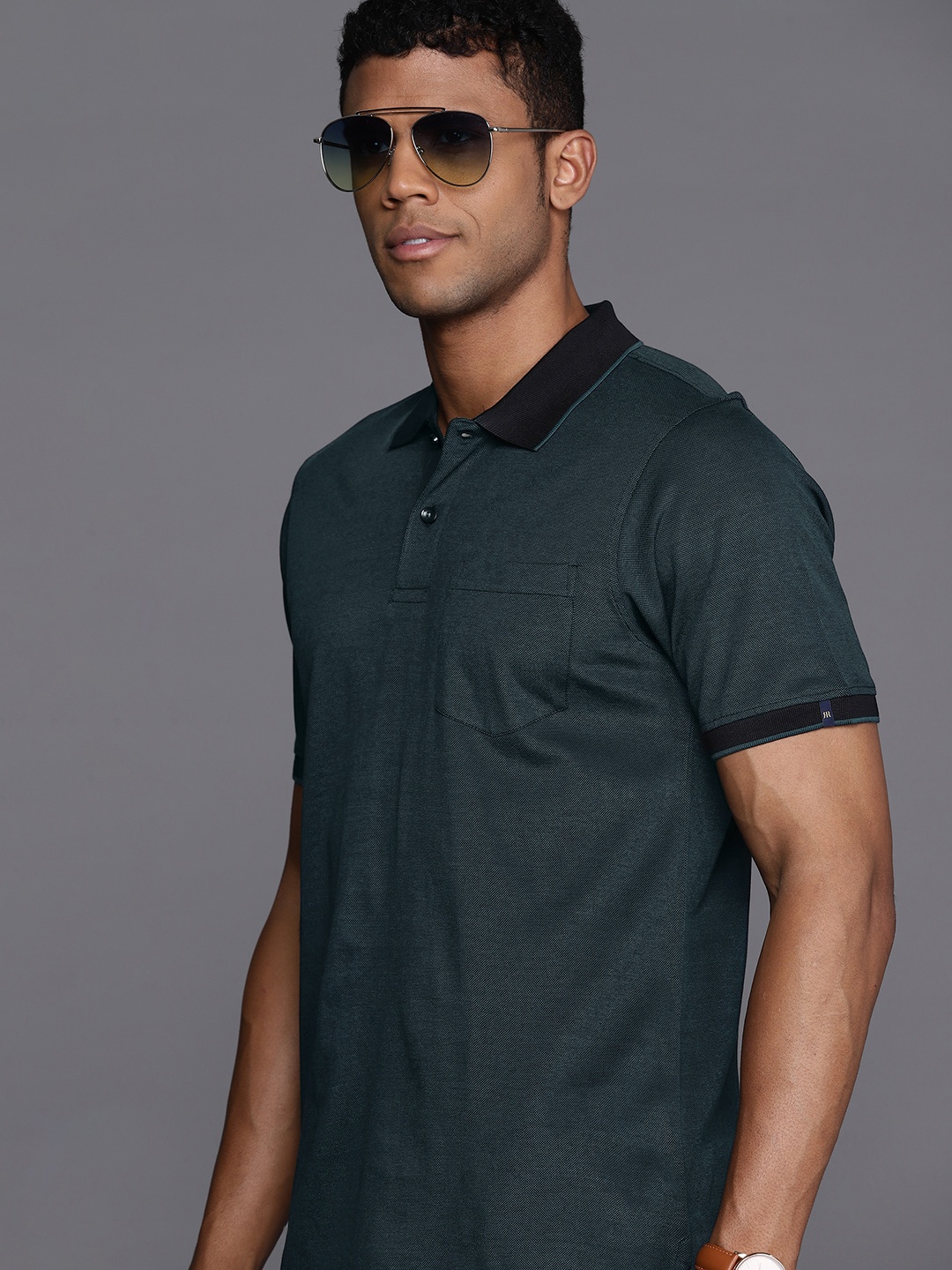 

Raymond Men Contemporary Fit Polo Collar Pure Cotton T-shirt, Teal