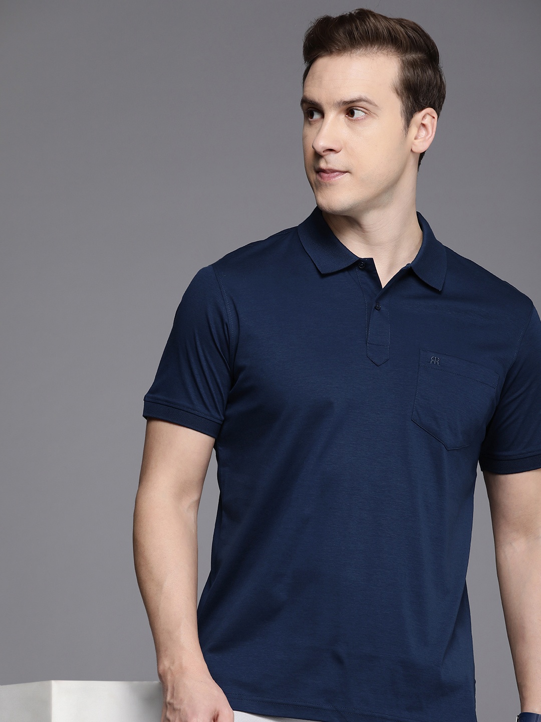 

Raymond Pure Cotton Polo Collar Pocket T-shirt, Navy blue