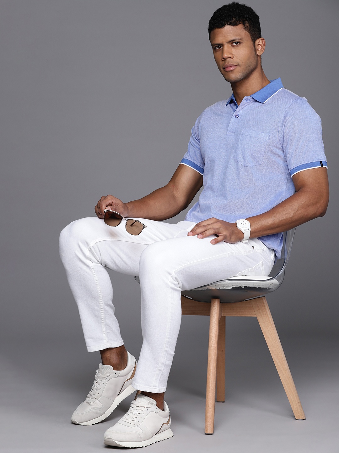 

Raymond Men Contemporary Fit Polo Collar Pure Cotton T-shirt, Blue