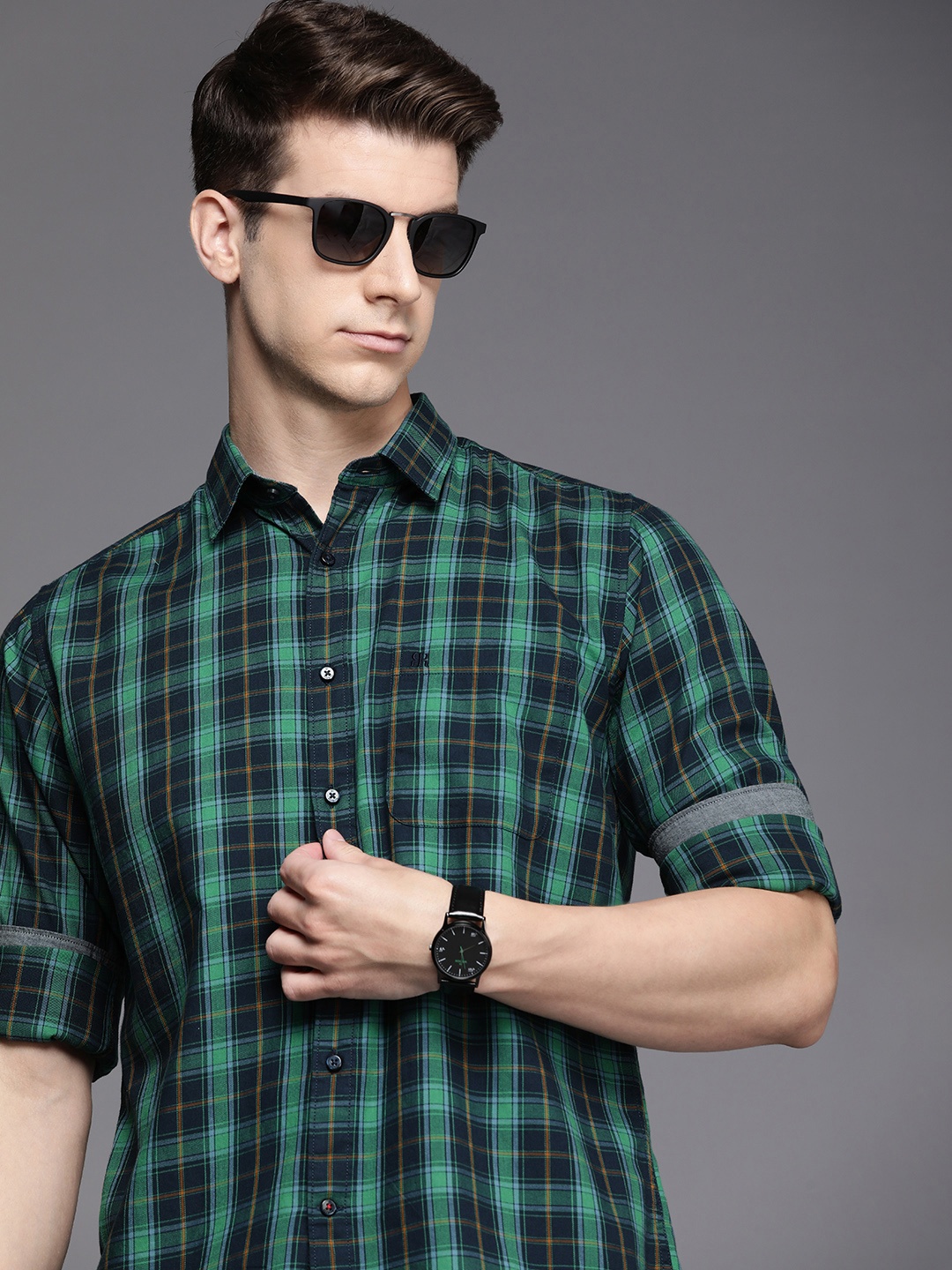 

Raymond Slim Fit Checked Pure Cotton Casual Shirt, Green