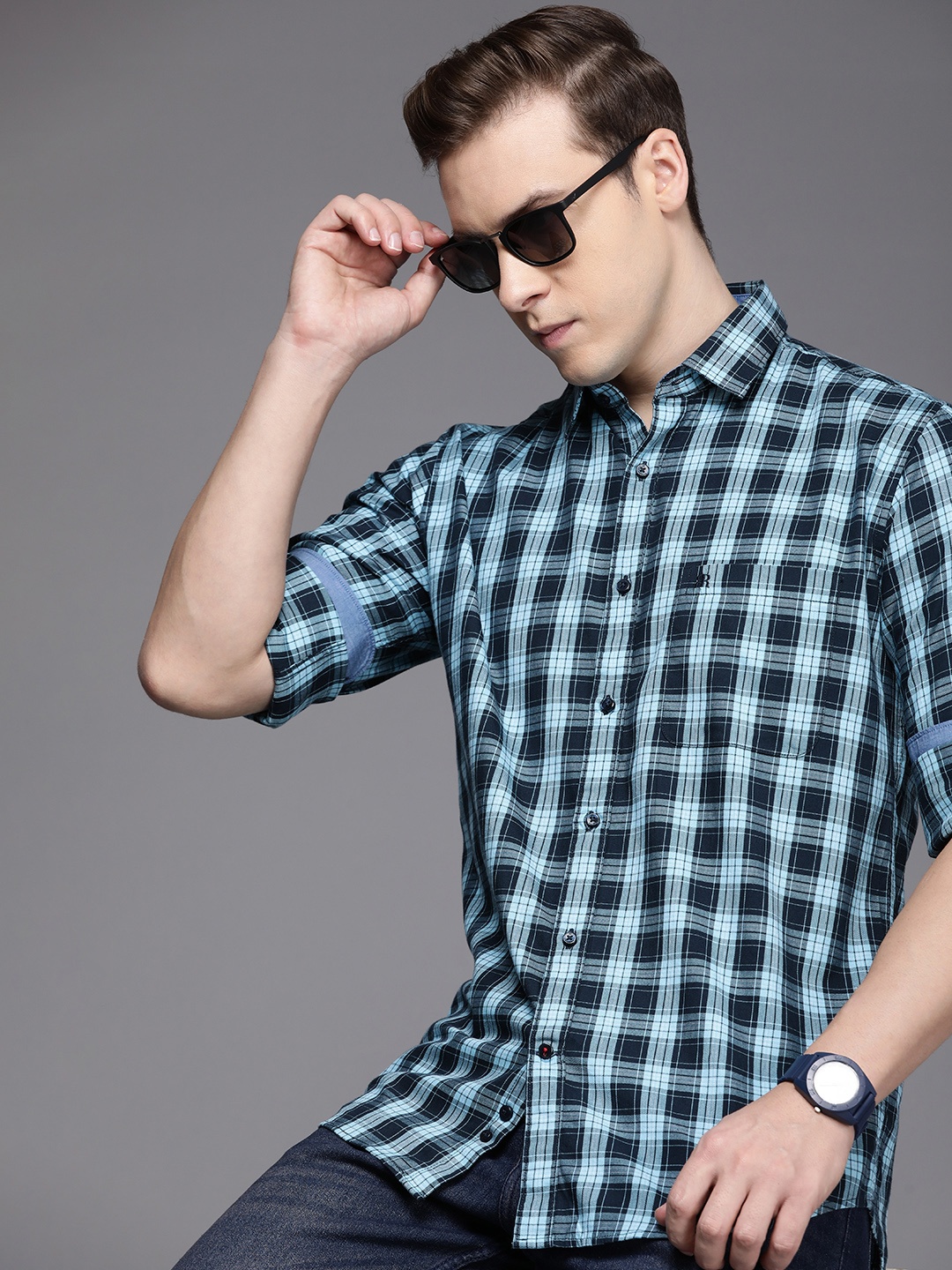 

Raymond Slim Fit Tartan Checks Pure Cotton Casual Shirt, Blue