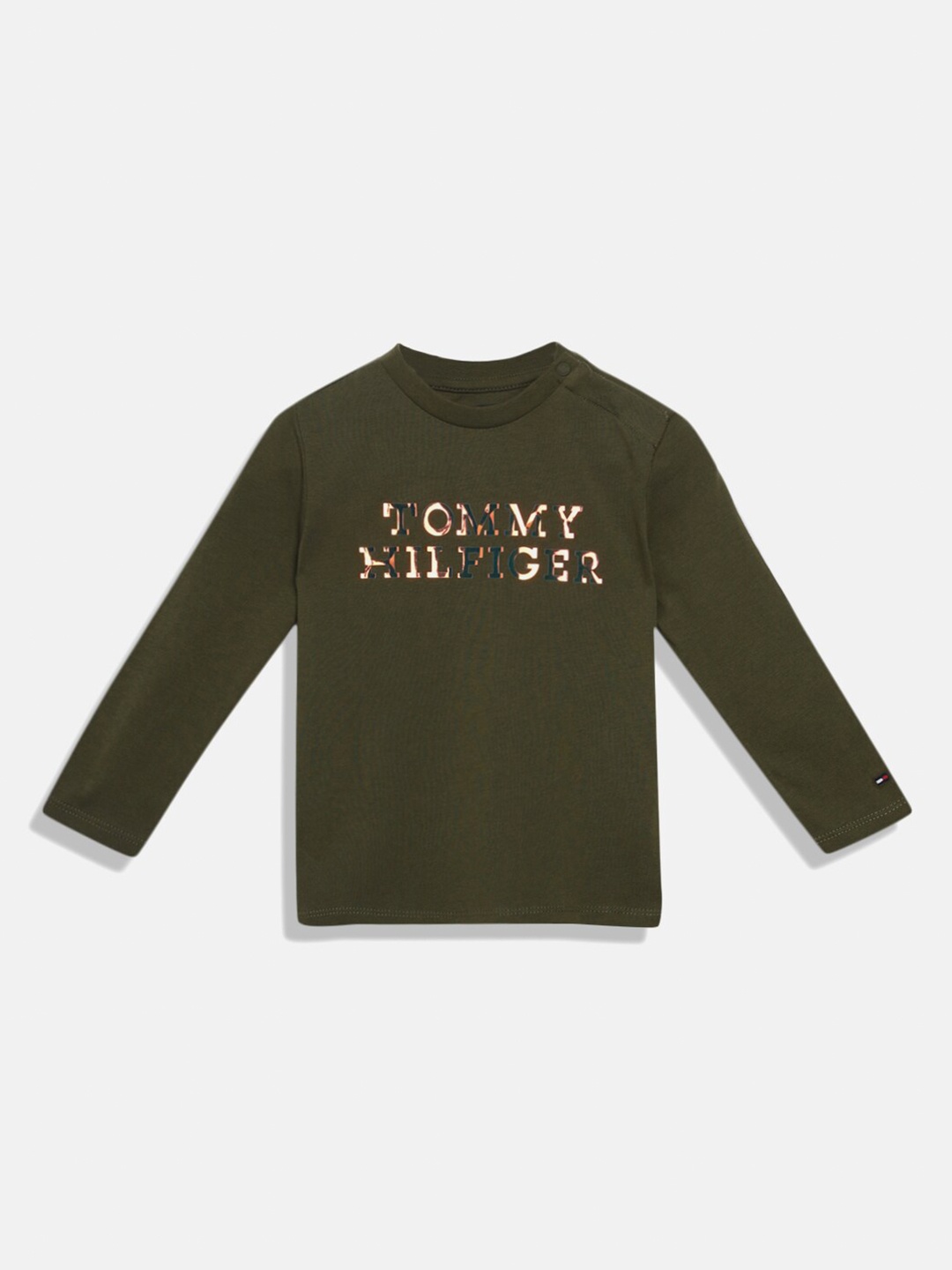 

Tommy Hilfiger Boys Typography Printed Long Sleeves Pure Cotton T-shirt, Olive