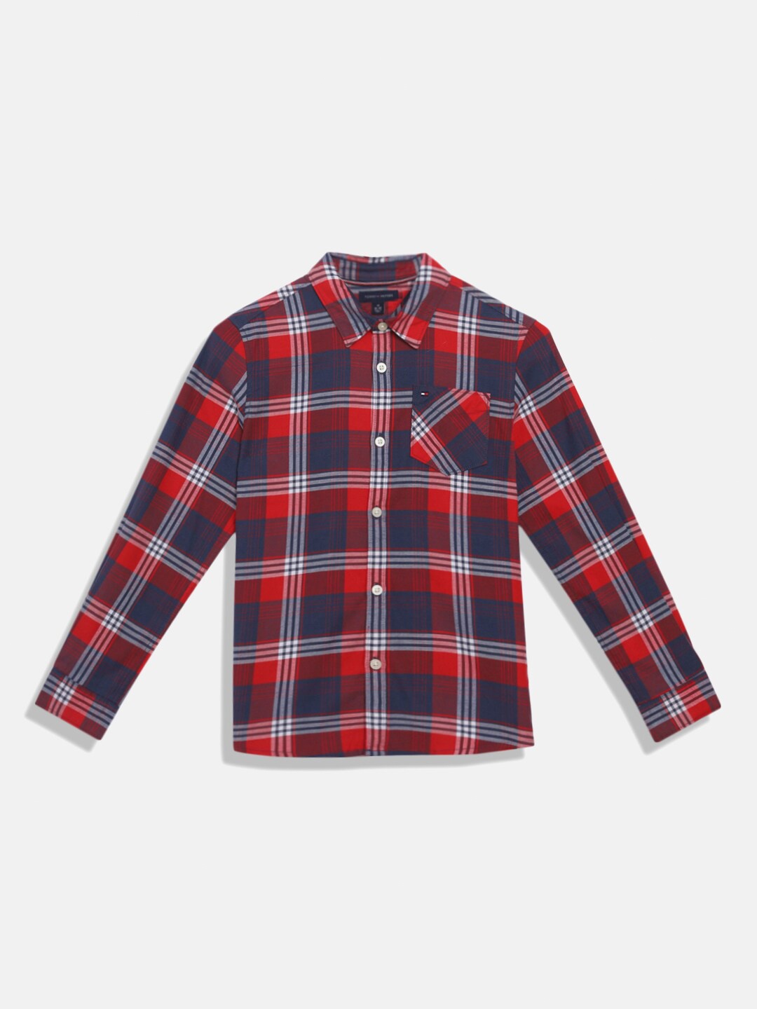 

Tommy Hilfiger Boys Tartan Checked Spread Collar Regular Fit Cotton Casual Shirt, Red