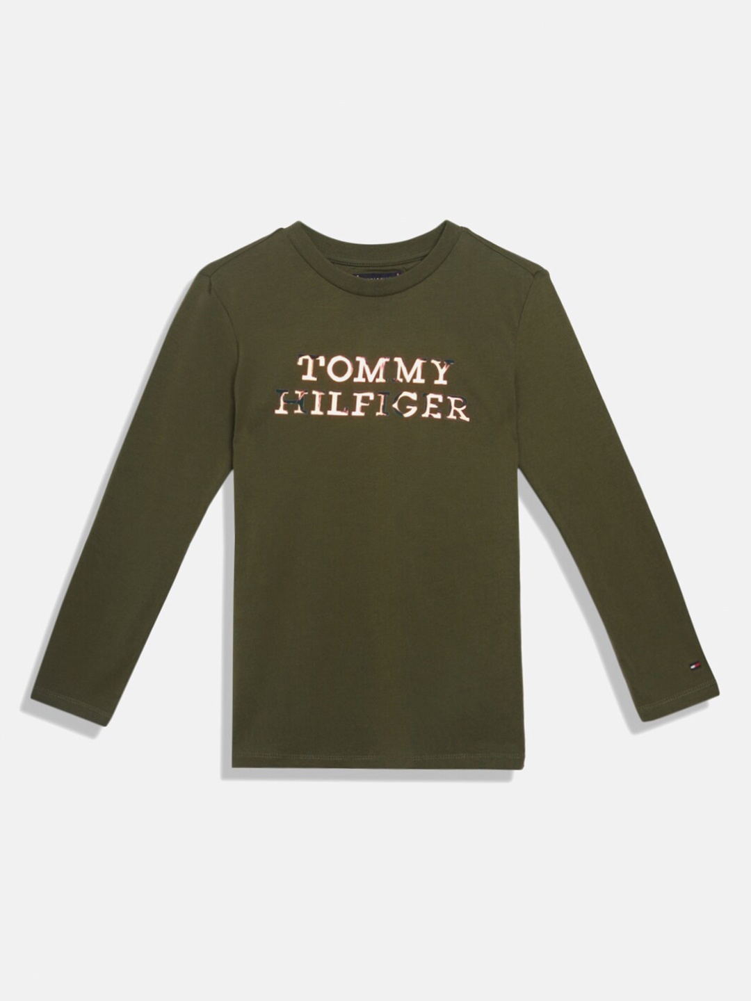 

Tommy Hilfiger Boys Typography Printed Long Sleeves Pure Cotton T-shirt, Olive