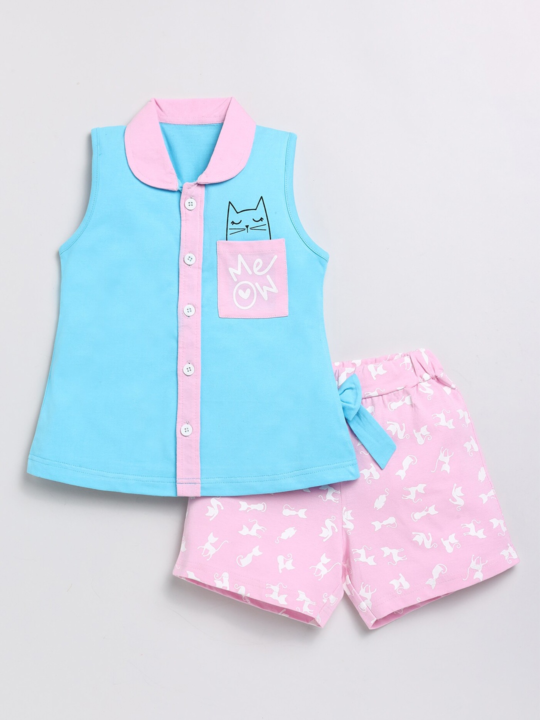 Toonyport Girls Printed Pure Cotton Shirt Collar Top With Shorts, Pink