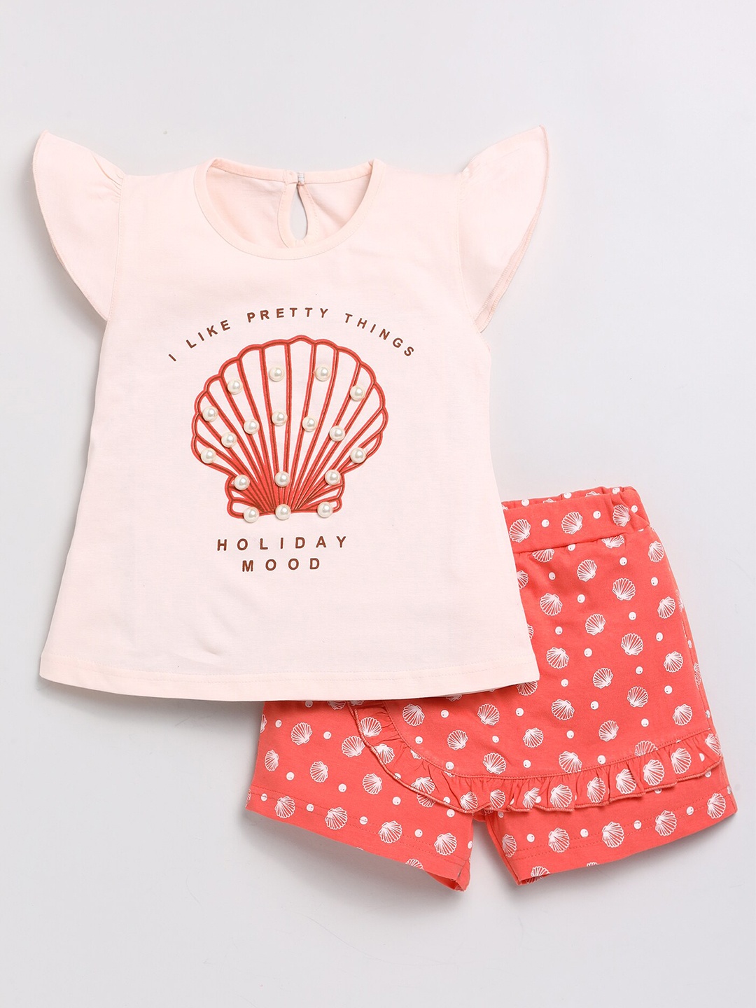 Toonyport Girls Printed Pure Cotton Top With Shorts, Peach