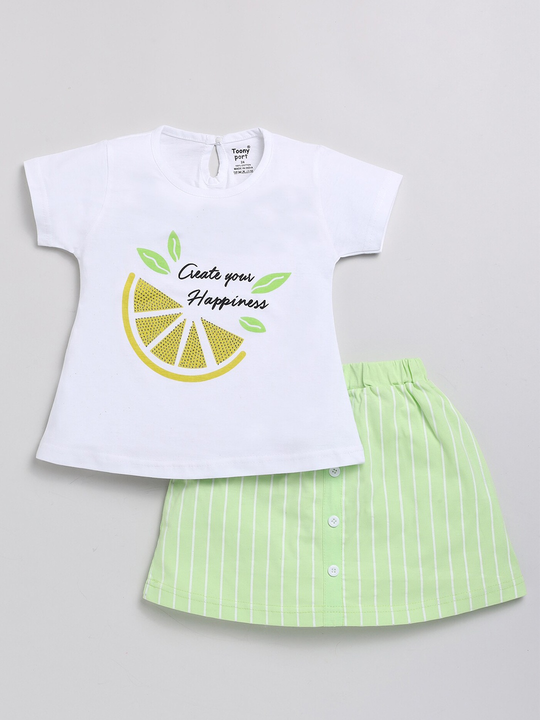 

Toonyport Girls Graphic Printed Pure Cotton Top With Skirt, White