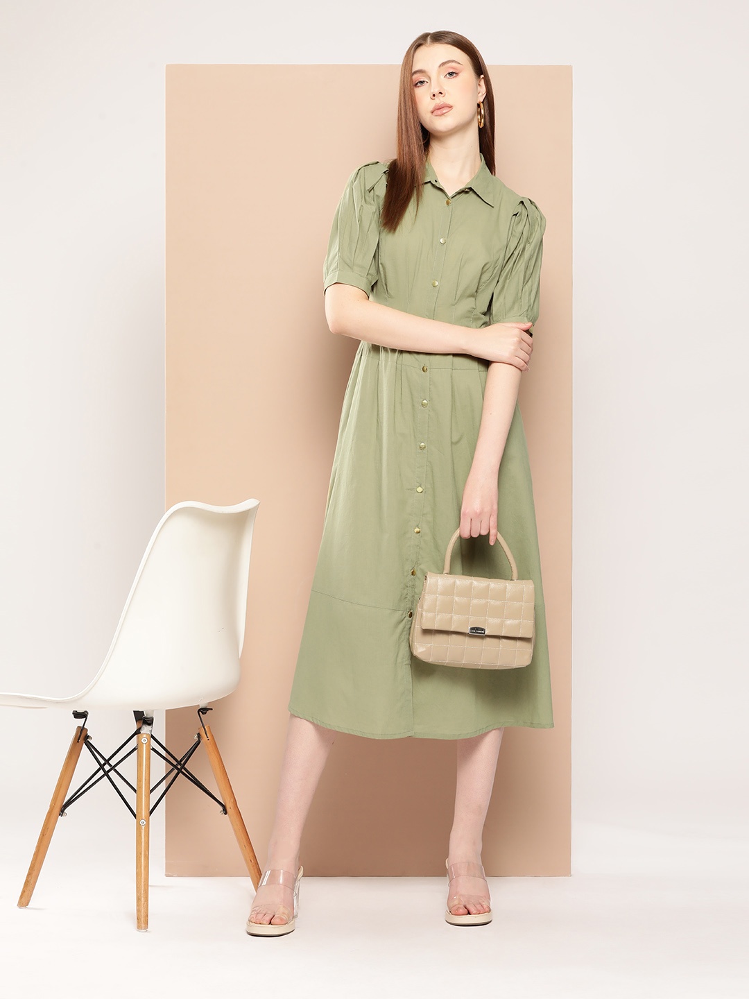 

Chemistry Puff Sleeve Midi Shirt Dress, Green