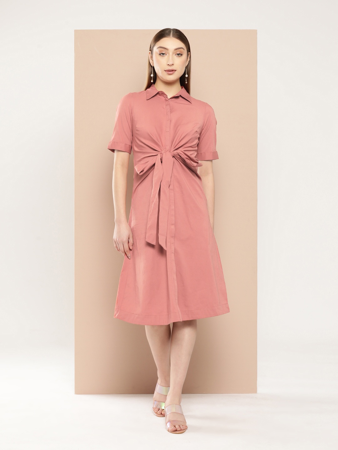 

Chemistry Tie-Up Waist Shirt Midi Dress, Coral