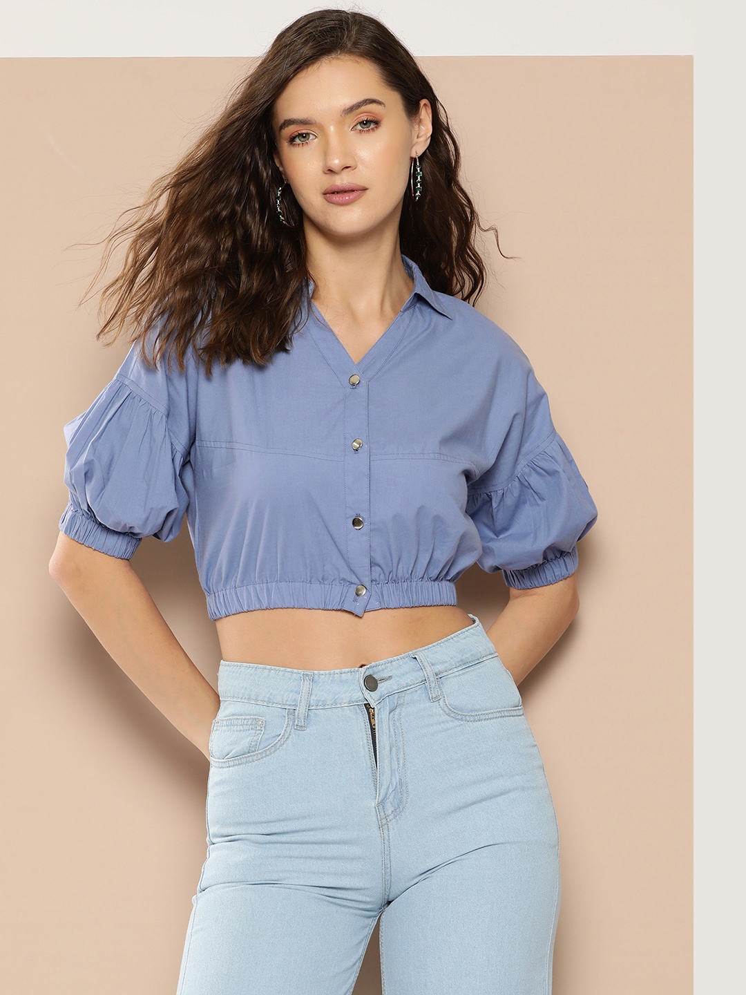 

Chemistry Puff Sleeves Crop Pure Cotton Casual Shirt, Blue