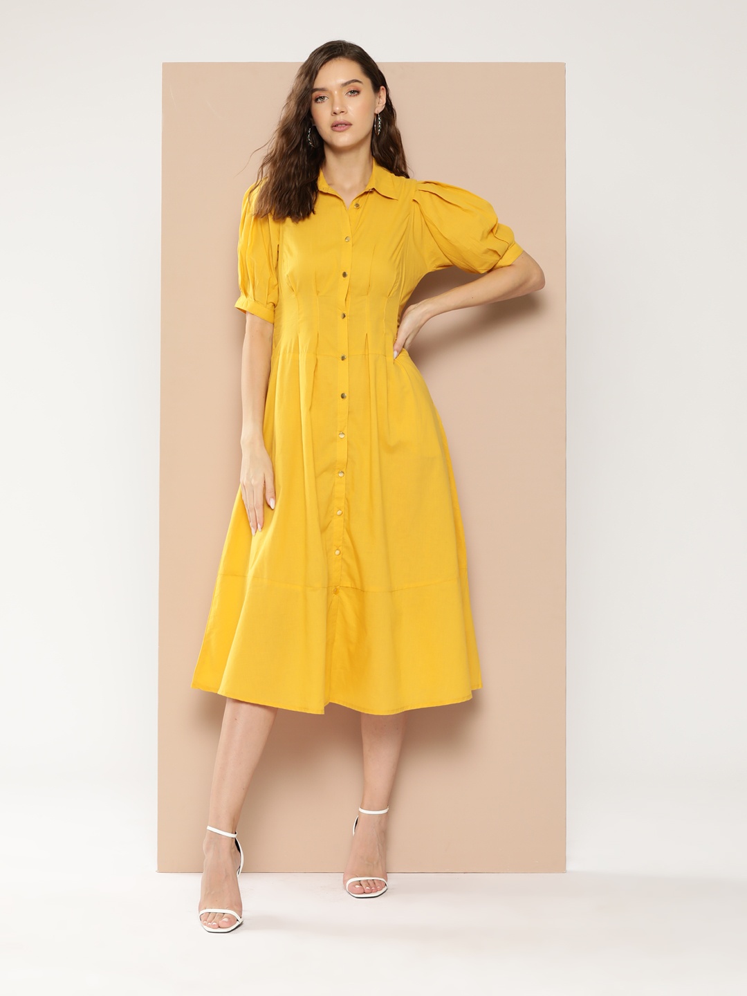 

Chemistry Pure Cotton Puff Sleeve A-Line Midi Dress, Yellow