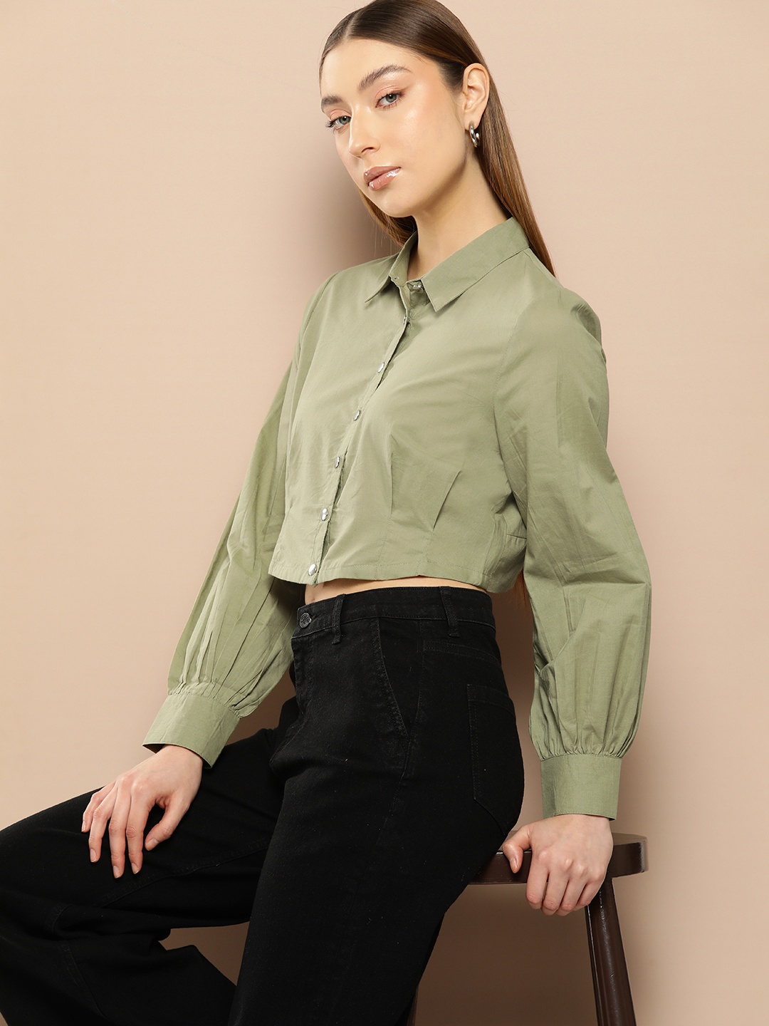 

Chemistry Smocked Pure Cotton Shirt Style Crop Top, Green