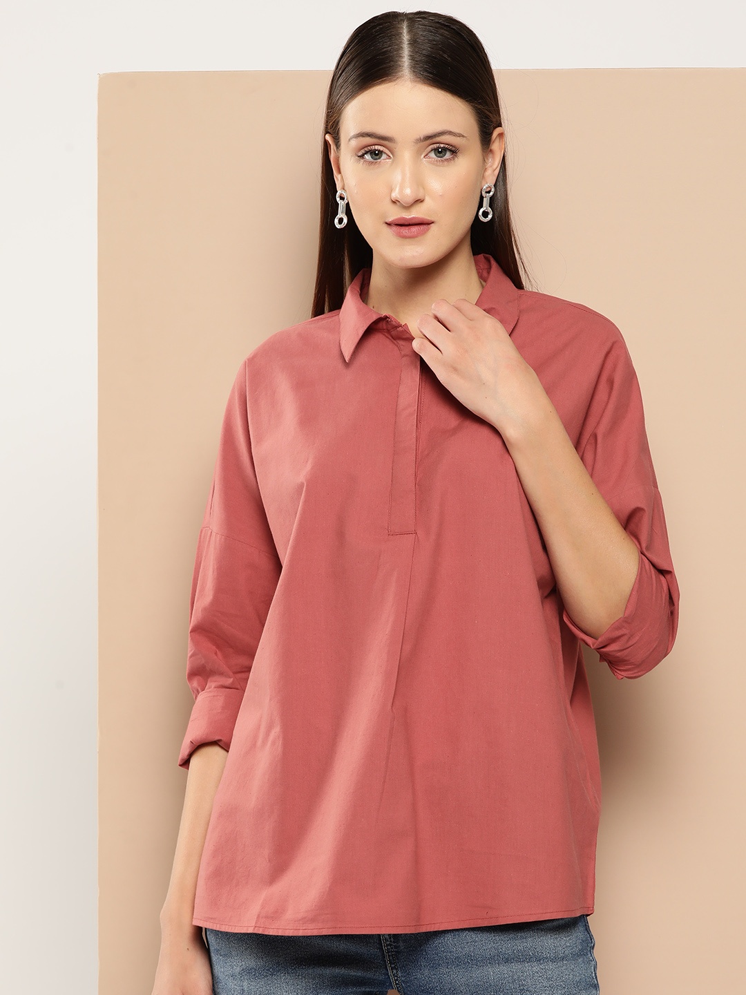 

Chemistry Pure Cotton Half-Placket Casual Shirt, Rust