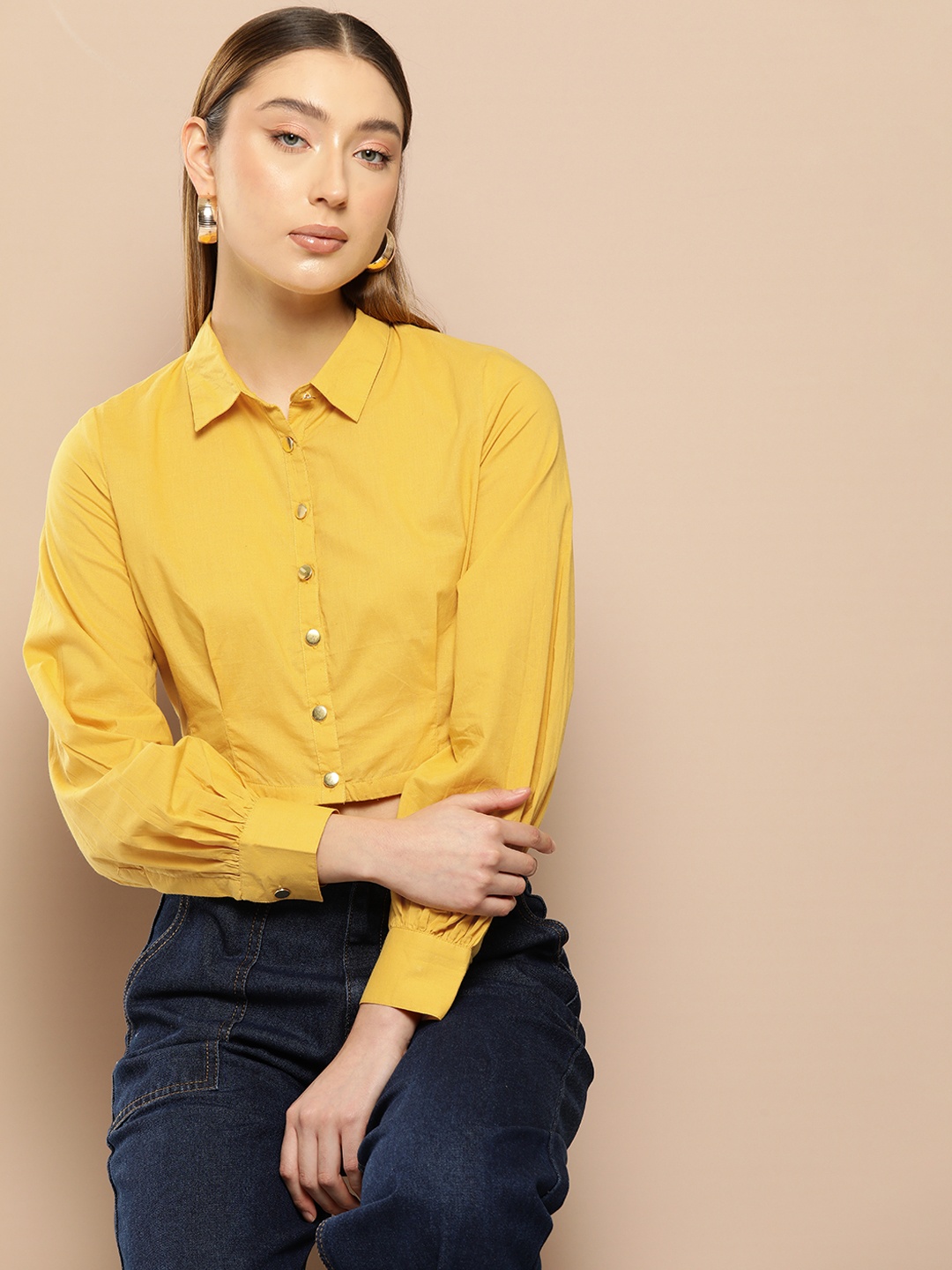 

Chemistry Smocked Pure Cotton Shirt Style Crop Top, Yellow