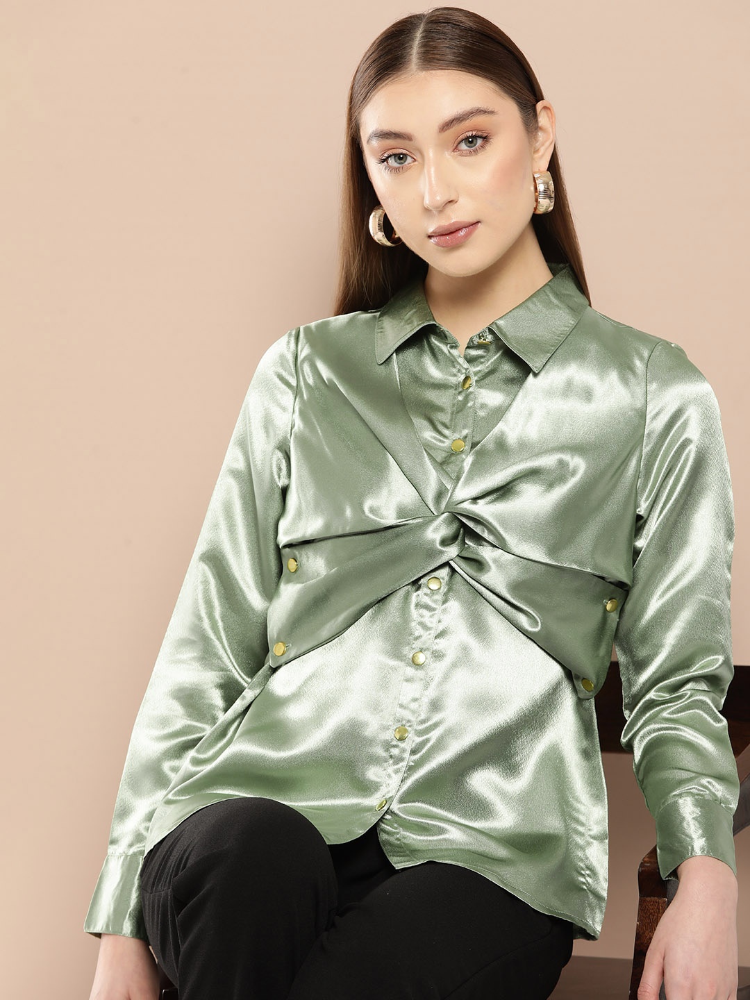 

Chemistry Satin Finish Layered Party Shirt, Green