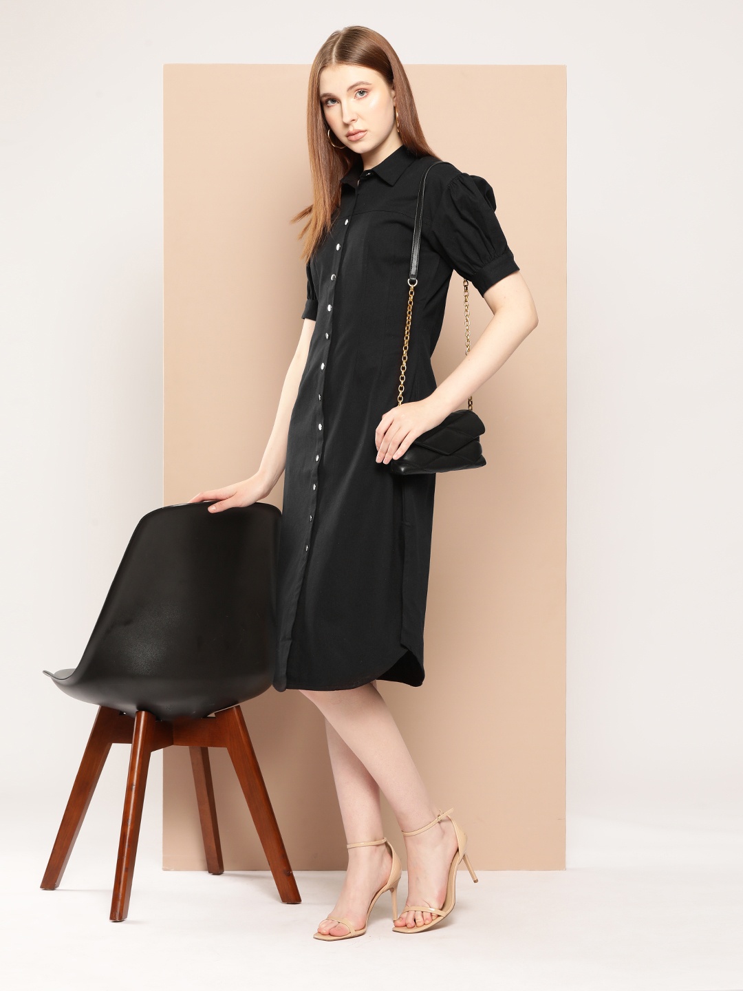 

Chemistry Puff Sleeve Knee Length Shirt Dress, Black