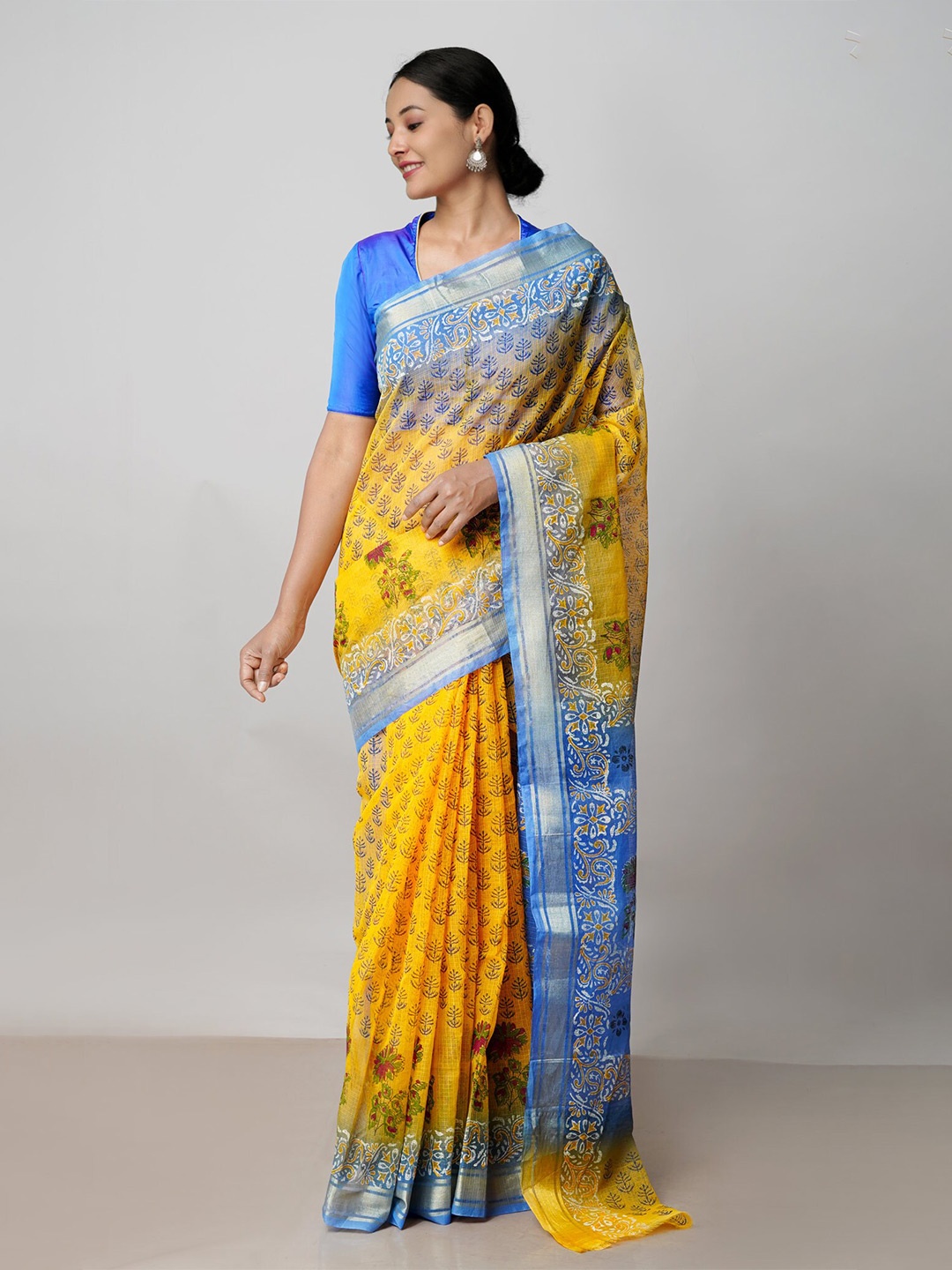 

Unnati Silks Floral Printed Zari Pure Cotton Kota Saree, Yellow