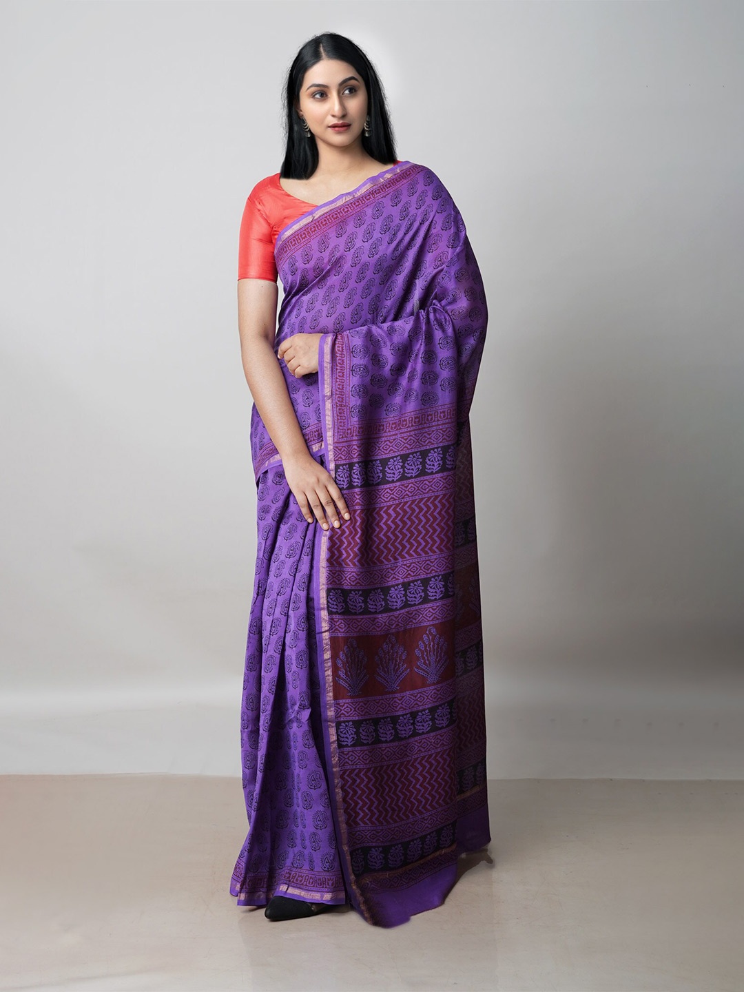 

Unnati Silks Ethnic Motifs Printed Zari Pure Silk Chanderi Saree, Purple